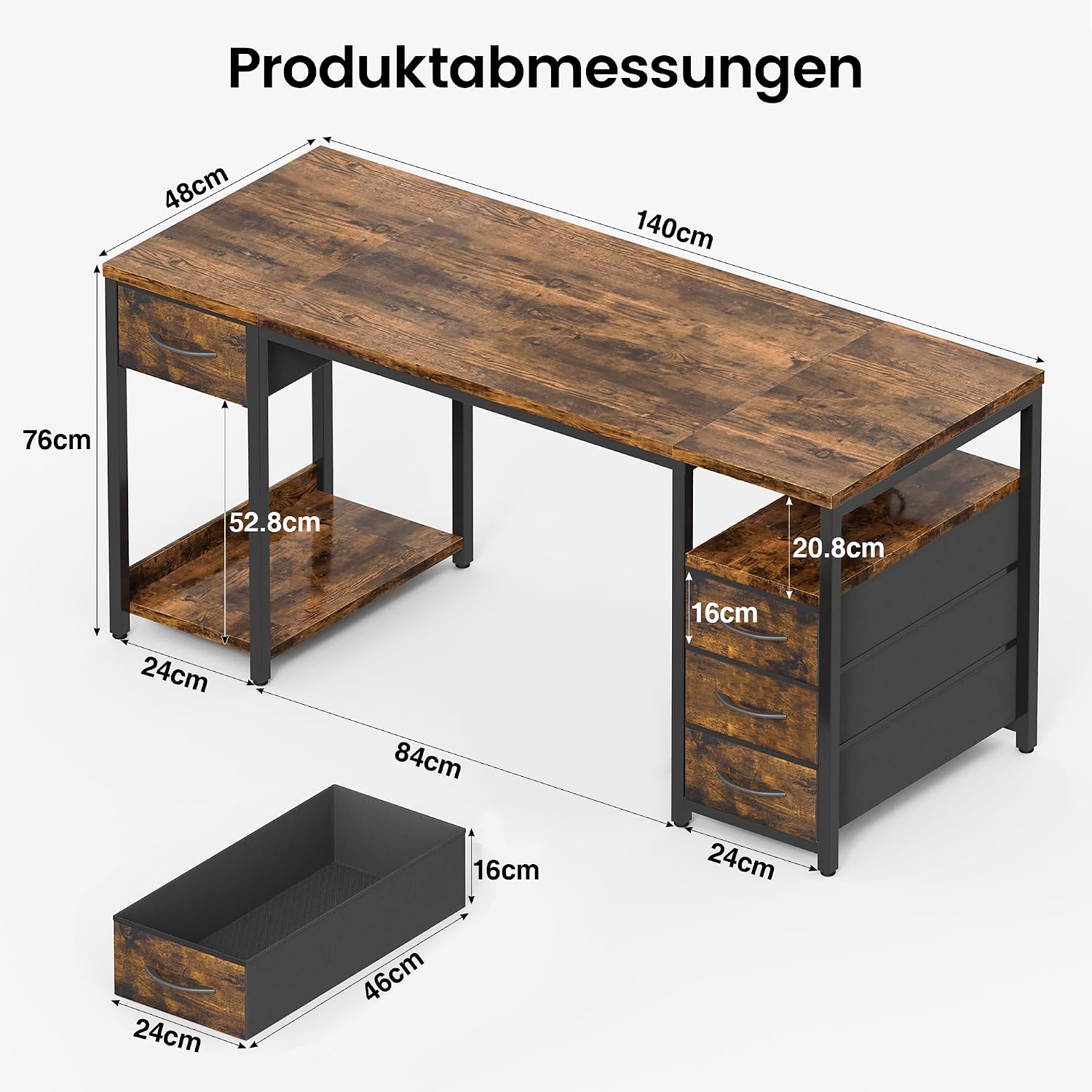YOUDENOVA Schreibtisch mit 4 Schubladen, Computertisch 140cm CPU-Ständer & offenes Ablagefach, Stabiler Bürotisch PC Tisch Officetisch Für Büro, Wohnzimmer, Home Office Gaming Braun – Bild 3