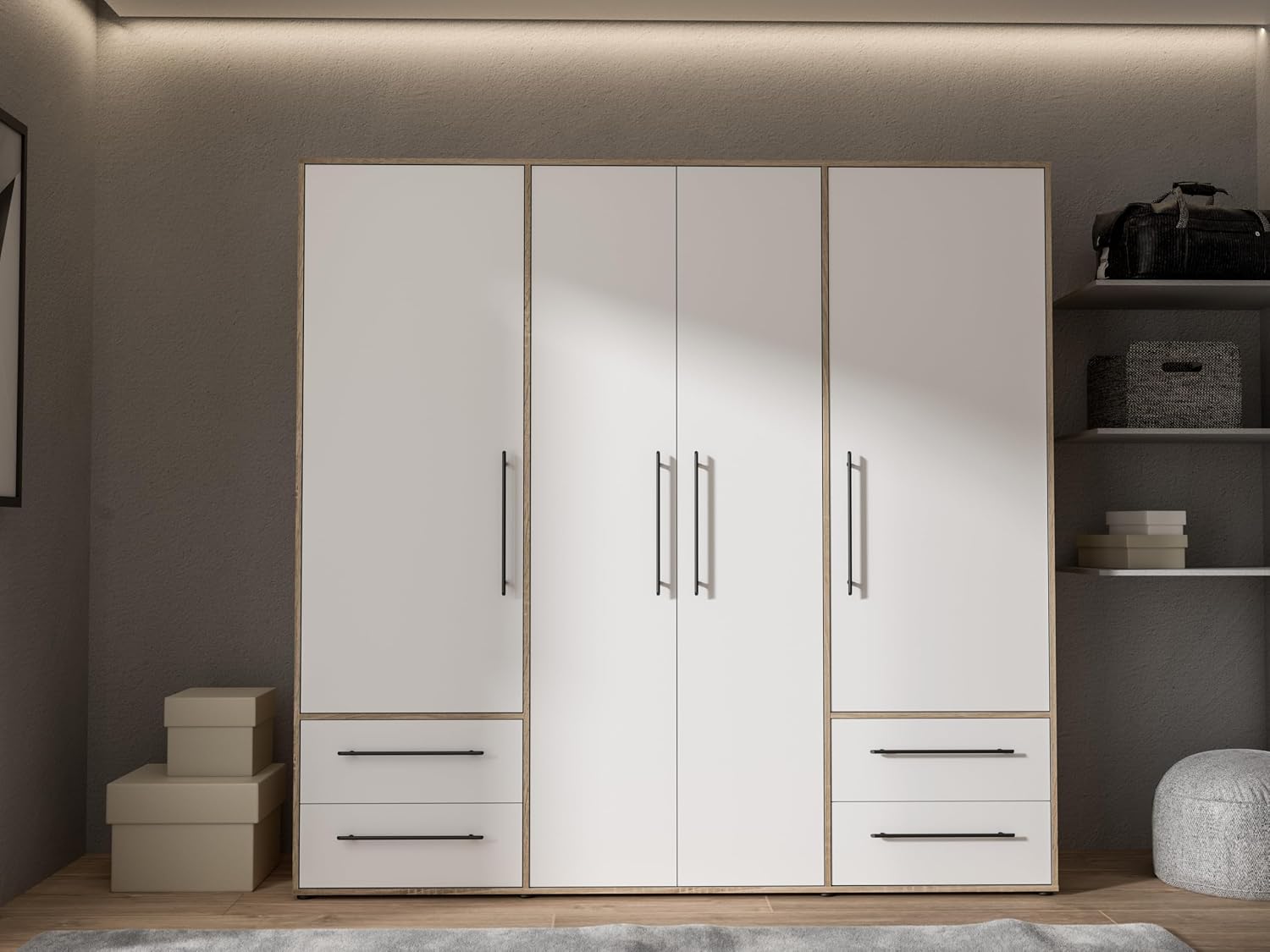 FORTE Jupiter Schrank 200 210, Kleiderschrank, Drehtürenschrank, 4-türig, mit 4 Schubladen und Einlegeböden, Weiß mit Holz Dekor: Sonoma Eiche, 206 cm breit x 59 cm tief x 200 cm hoch – Bild 2
