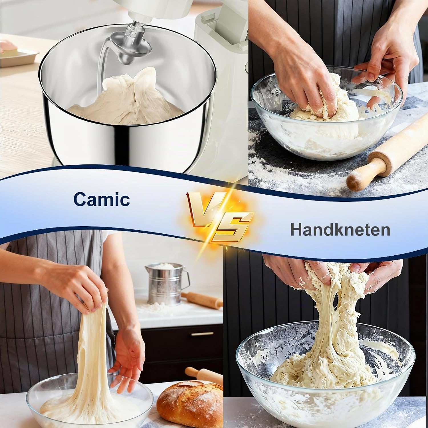 Camic Küchenmaschine mit LED-Display, Zeit Einstellen, Knetmaschine mit Rührhaken, Knethaken, Schlagbesen, 10 Stufen, 2 Edelstahlschüsseln 4L+5L, für Teig, Brot, Pizza, Kuchen (White) – Bild 5