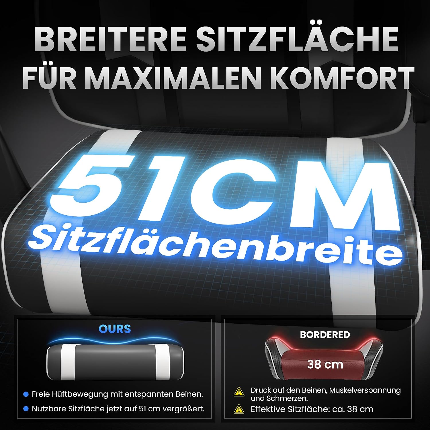 Gaming Stuhl Chair Gamer Sessel - Verstellbarer PC Drehsessel gepolstert Fußstütze Kopf und Lordosenstütze 51 cm Breiter Sitz Stabiler Einteilrahmen 90‑135° Neigung Tragkraft 280 Kg Tiefschwarz – Bild 4