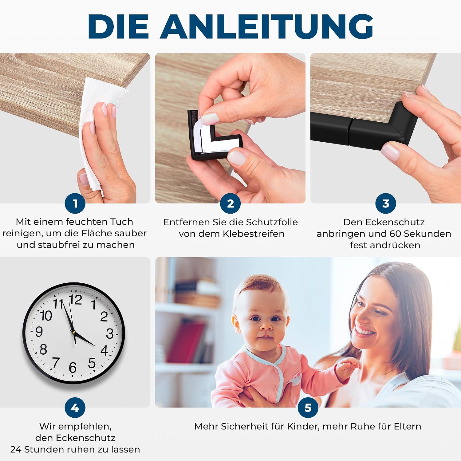 Hoffenbach Kantenschutz Baby aus Schaumstoff – 6,2m Tischkantenschutz & 12x Eckenschutz – Tischecken Kindersicherung – Selbstklebender Schutz für Kinder, Bett, Fensterbank & Schreibtisch – Schwarz – Bild 6