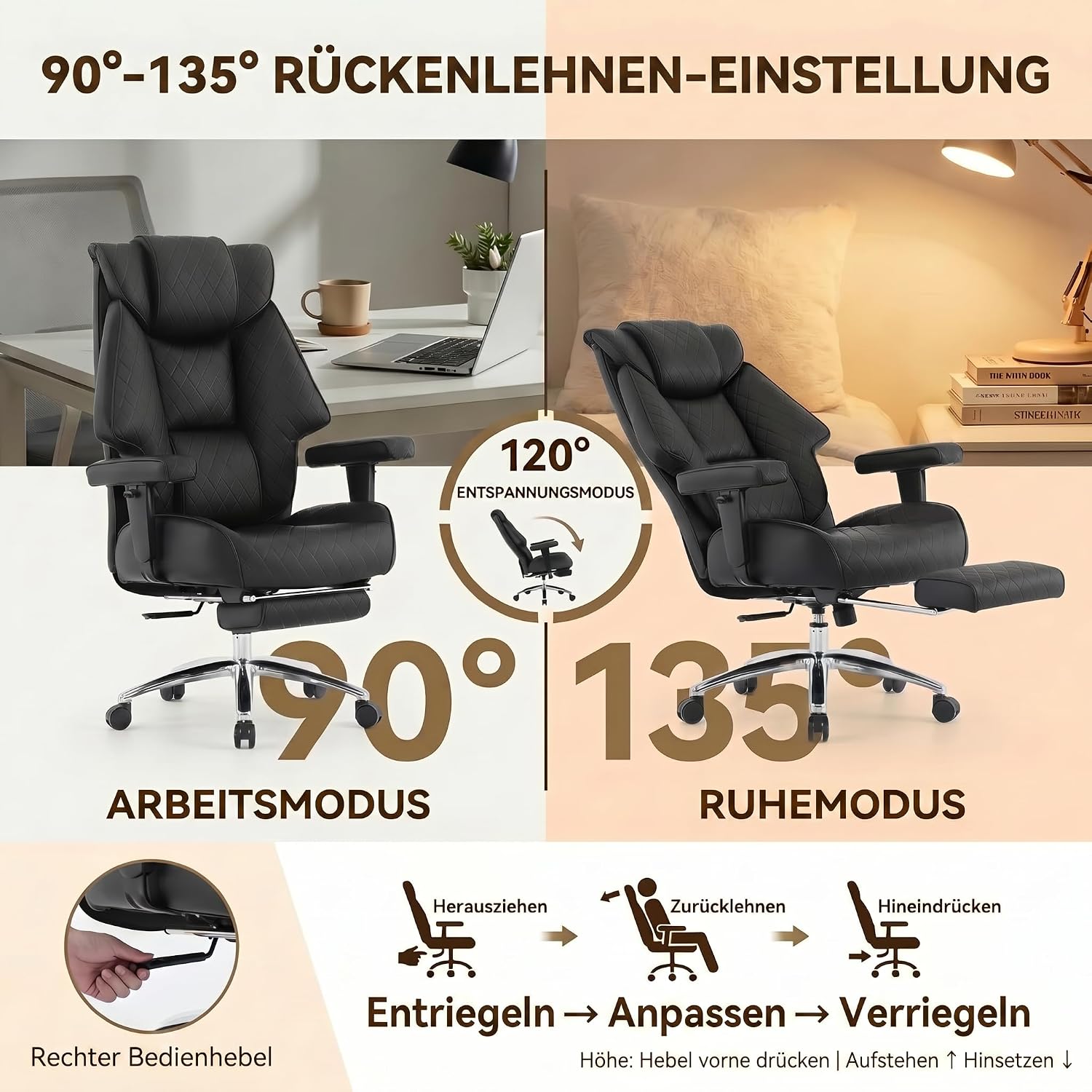 EXCEBET XXL Chefsessel bis 180kg Belastbar, Ergonomischer Bürostuhl mit Taschenfederkern, Breiter Drehstuhl für Schneidersitz, Dick Gepolstert, Hochlehner Managerstuhl mit Lendenwirbelstütze (Schwarz) – Bild 3