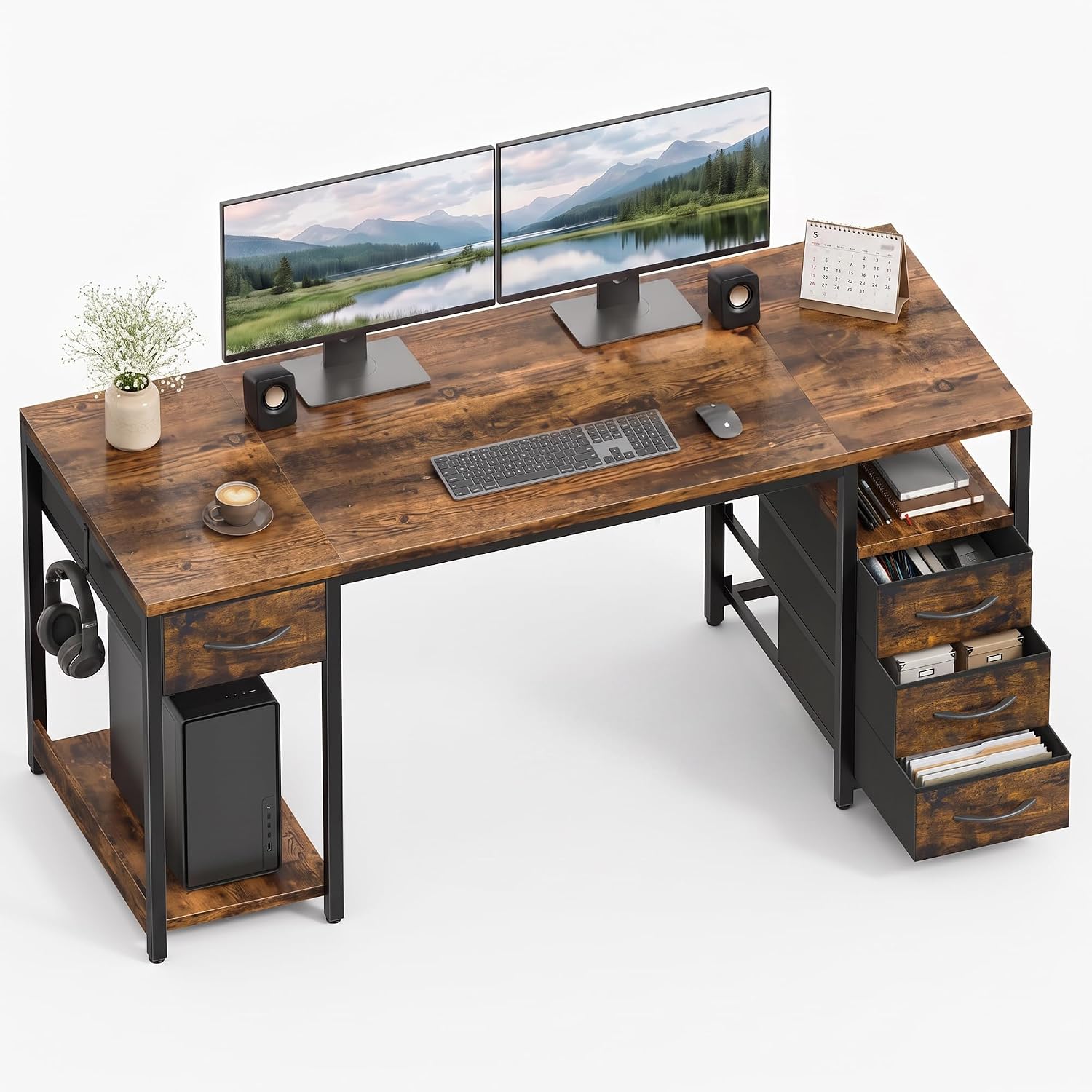 YOUDENOVA Schreibtisch mit 4 Schubladen, Computertisch 140cm CPU-Ständer & offenes Ablagefach, Stabiler Bürotisch PC Tisch Officetisch Für Büro, Wohnzimmer, Home Office Gaming Braun – Bild 8
