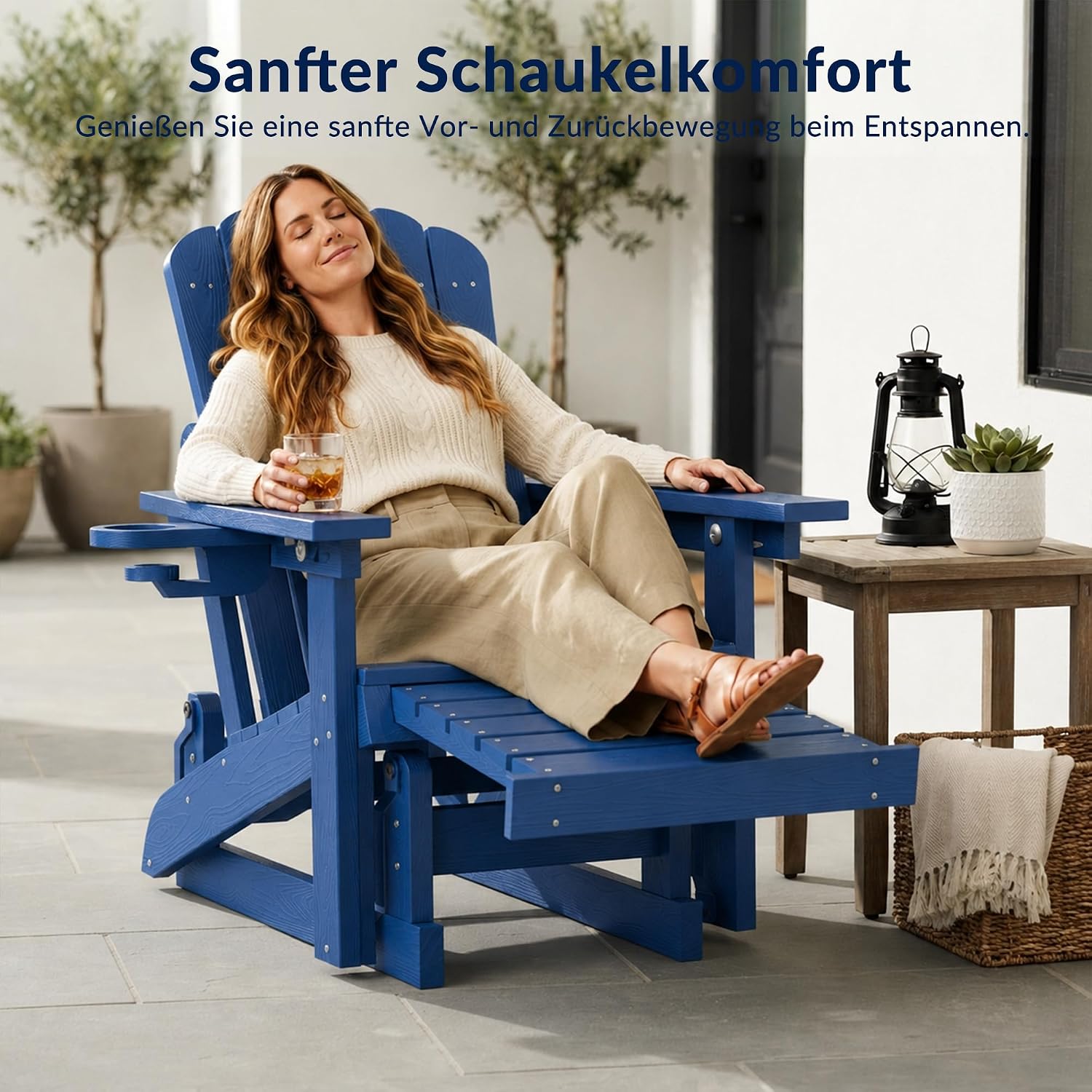 Adirondack Stuhl mit Fußstütze, HDPE Adirondack Chair Gartensessel mit Getränkehalter und Gleitfunktion, verstellbare Rückenlehne, wetterfest und pflegeleicht für Garten, Terrasse und Balkon – Bild 3