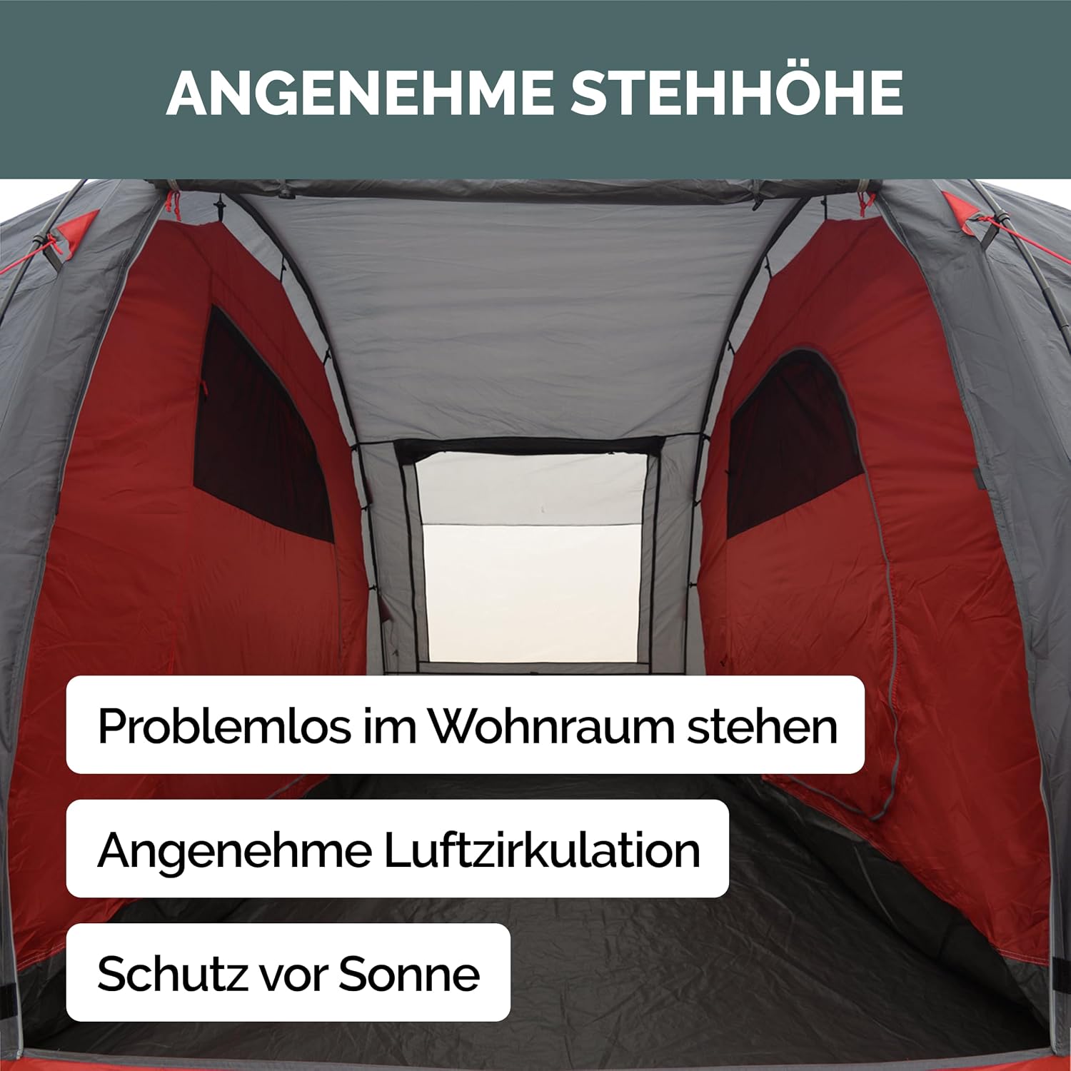 JUSTCAMP Lake Familienzelt für 4 Personen - wasserdichtes Tunnelzelt mit 2 Schlafkabinen, großem Vorraum & Stehhöhe - Campingzelt mit eingenähtem Boden, Moskitonetz und 2 Eingängen – Bild 7