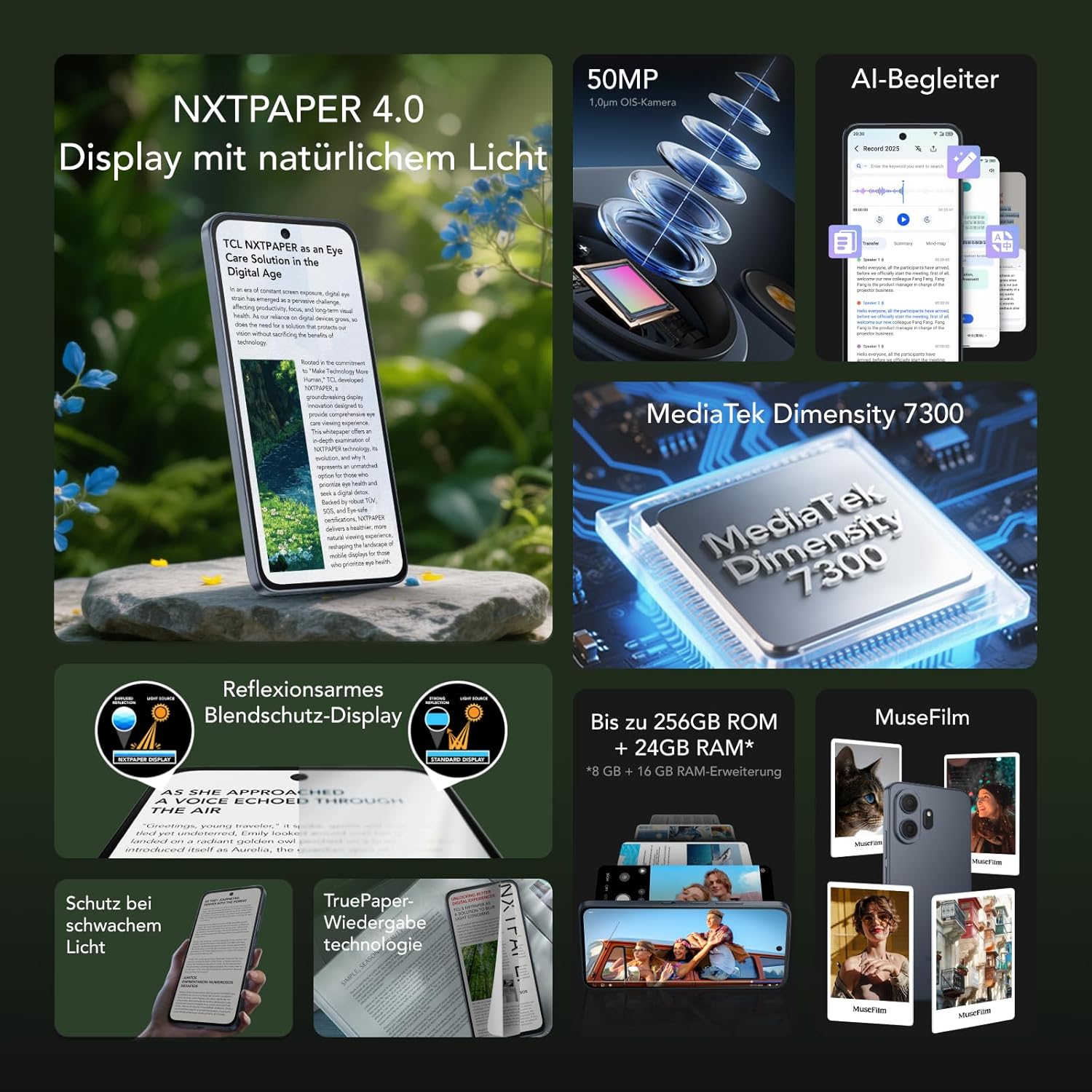 TCL NXTPAPER 70 Pro 5G Android Smartphone mit 6,9 Zoll Natürlichem Licht Display,NXTPAPER 4.0,120Hz FHD+,50MP 1.0um OIS Kamera, MuseFilm, 8GB RAM+256GB ROM, Bequemes Lesen, AI-Produktivität – Bild 2