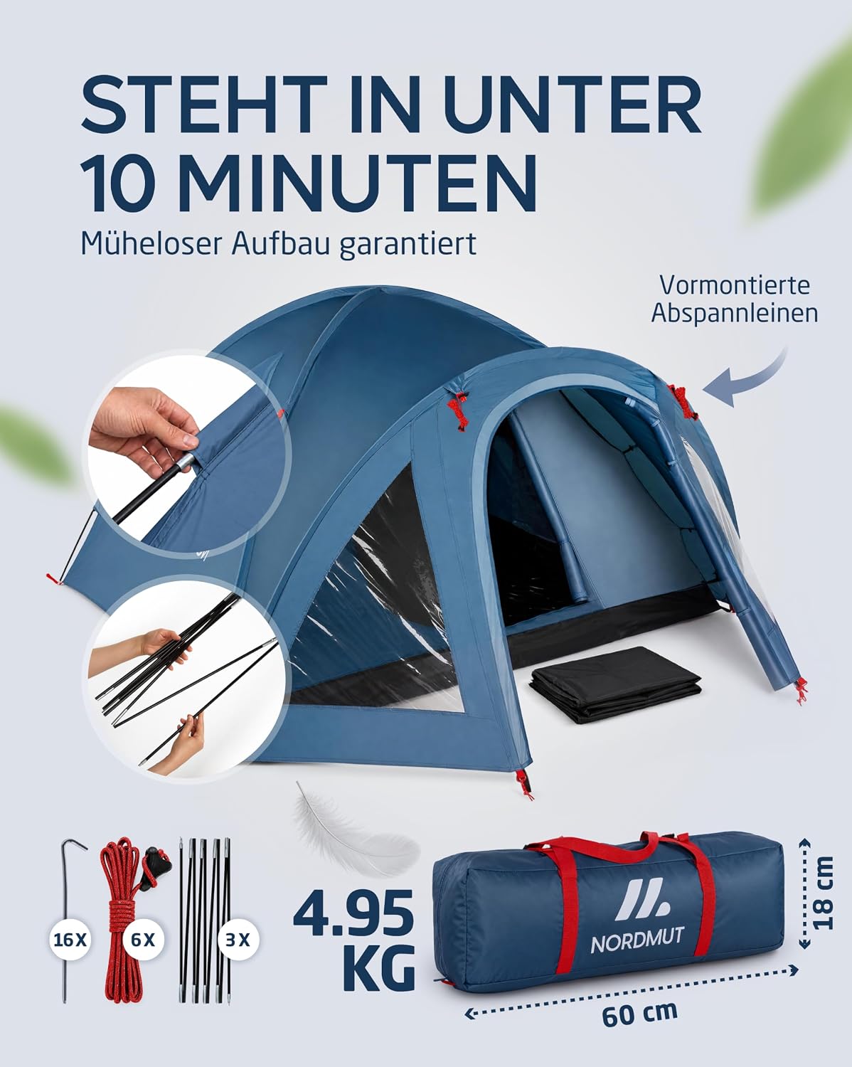 NORDMUT® Campingzelt für 2-4 Personen wasserdicht & leicht – Kuppelzelt mit verschließbarem Vorraum – 2-4 Mann Zelt mit hervorragender Luftzirkulation & kleinem Packmaß – Bild 5
