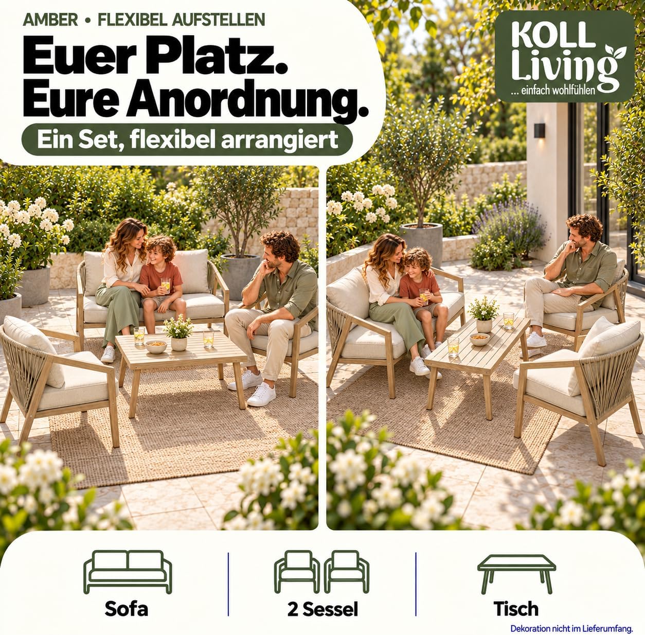 Koll Living Lounge-Set Amber | Outdoor Sitzgruppe mit Gartensofa, Gartensesseln & Tisch | Stahlgestellt in Holzoptik | Wetterfest & UV-beständig | Mix & Match Gartenlounge Beige/Braun – Bild 6