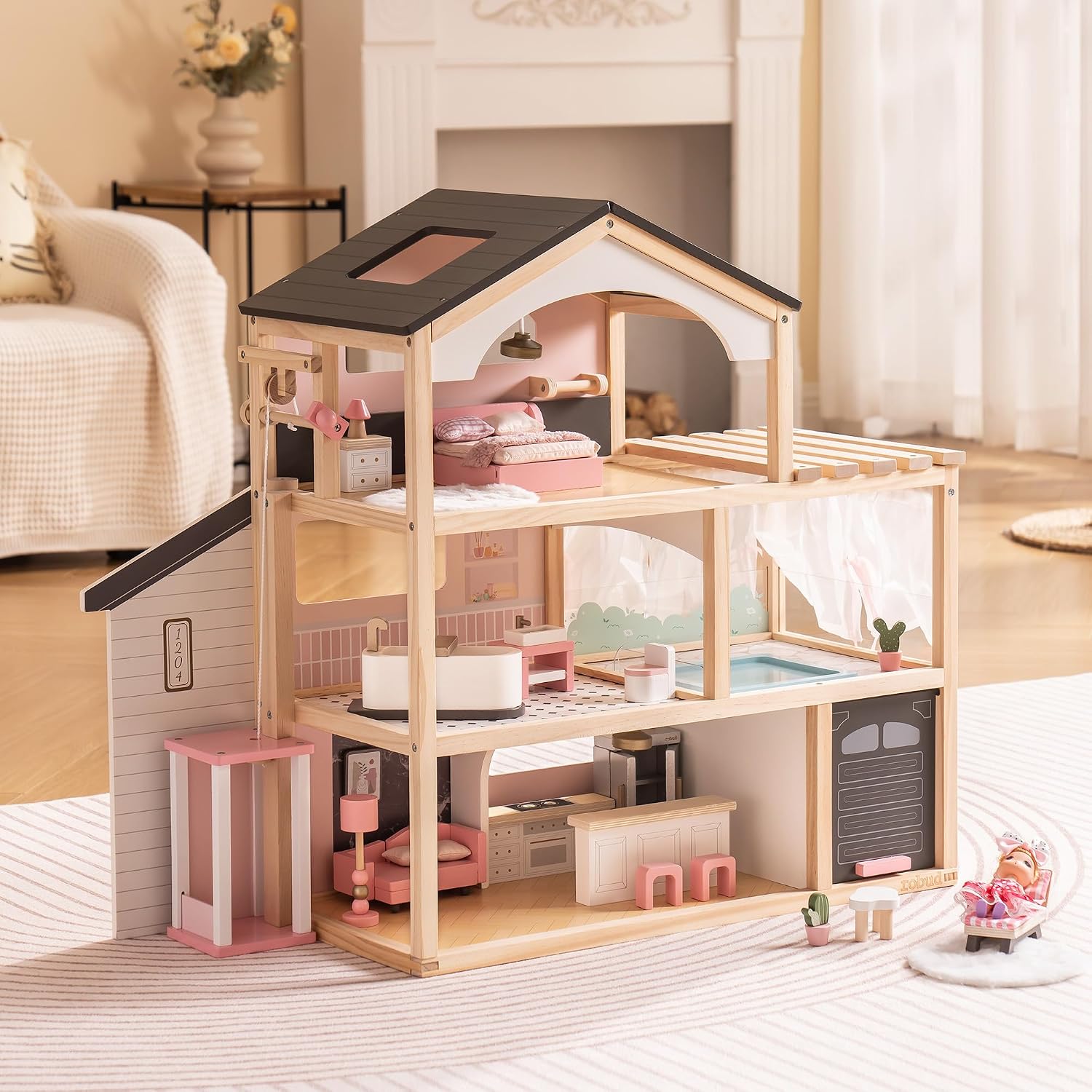 ROBUD Puppenhaus aus Holz,Puppen-Villa mit Möbel,Mit Aufzug, Garage, Pavillon und Schwimmbad,Geschenk für Kinder ab 3, 4, 5, 6 Jahren und älter,Schwarz – Bild 9