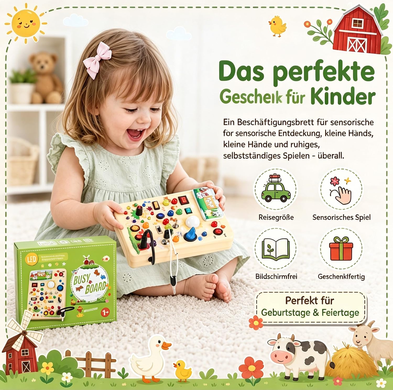 Montessori Spielzeug Busy Board ab 1 Jahr Activity Board aus Holz-Bauernhof – Bild 4