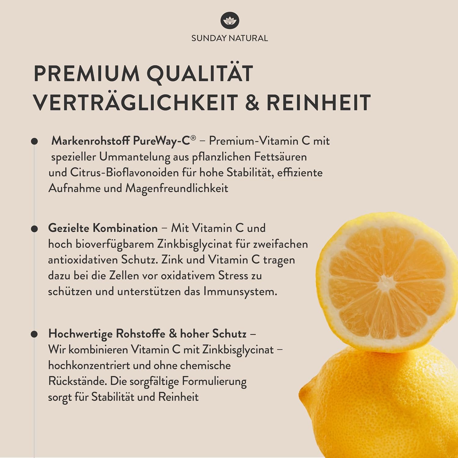 SUNDAY NATURAL® Vitamin C Zink – 1500 mg Vitamin C und Zink 20 mg pro Tagesdosis – exklusiver PureWay® Komplex aus den USA – schnelle Absorption, mit Bioflavonoiden – vegan – 240 Kapseln – Bild 4