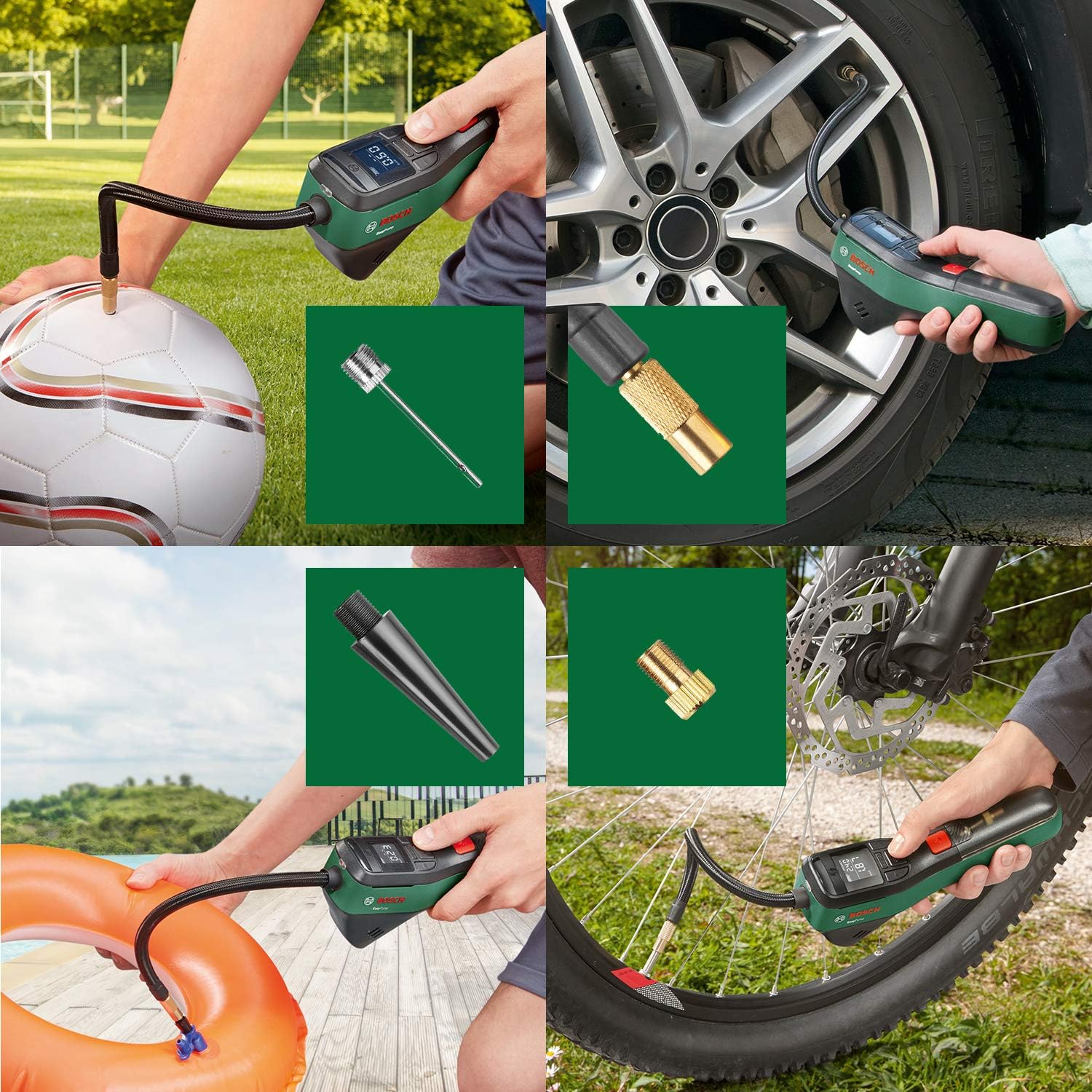Bosch elektrische Fahrradpumpe/Luftpumpe/Mini Kompressor EasyPump (3,0 Ah Akku; 3,6 Volt; Autostop-Funktion; 150 PSI; 10,3 bar; LED; USB-C®; 3X Adapter; Schnellanschlussstecker; Fahrradtasche) – Bild 2