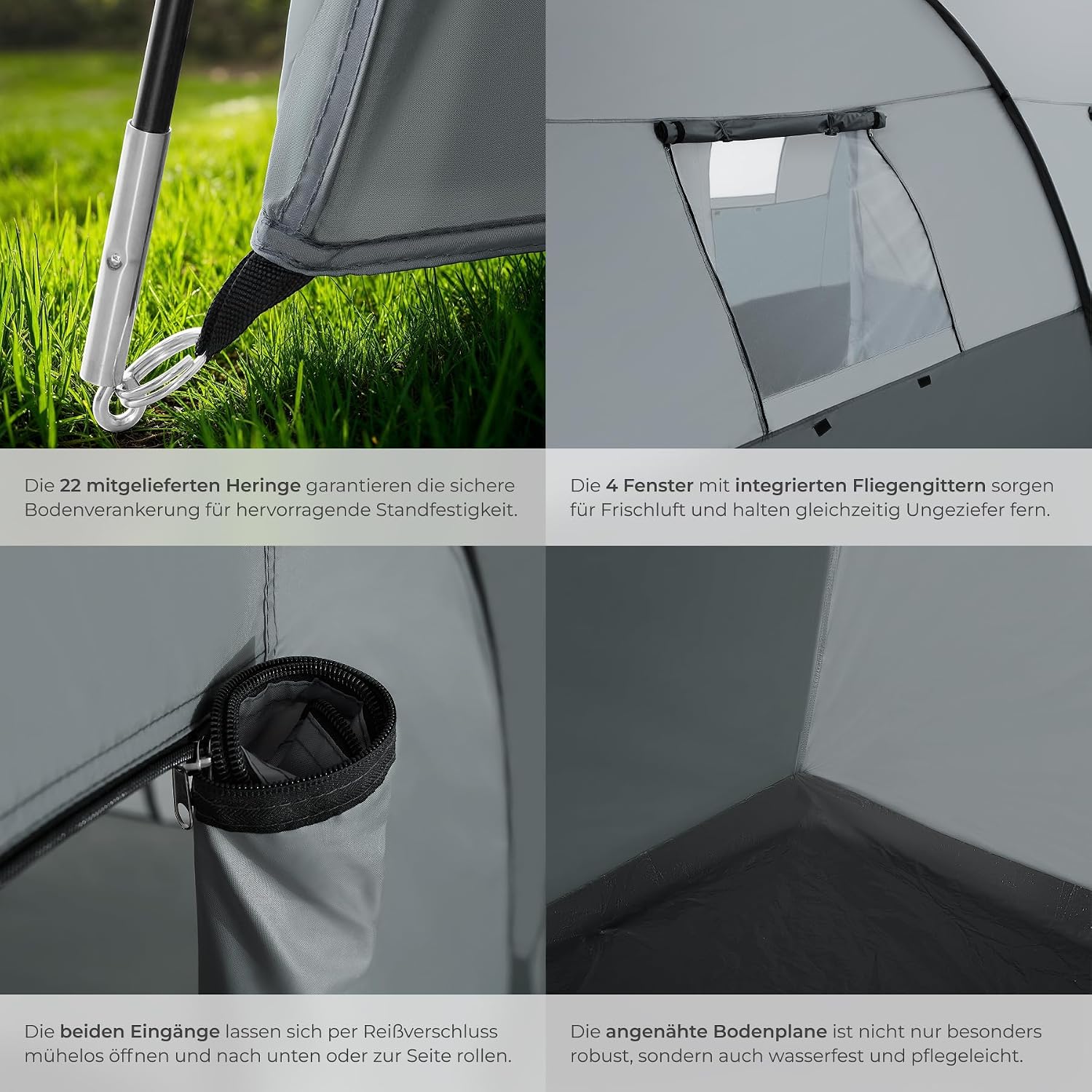 tectake® Tunnelzelt, 6 Personen, Familienzelt, Zelt groß mit Vorzelt und Bodenplane, UV-Schutz, Camping Zelt inkl. Tragetasche, 350 x 480 x 195 cm - dunkelgrau/hellgrau – Bild 4