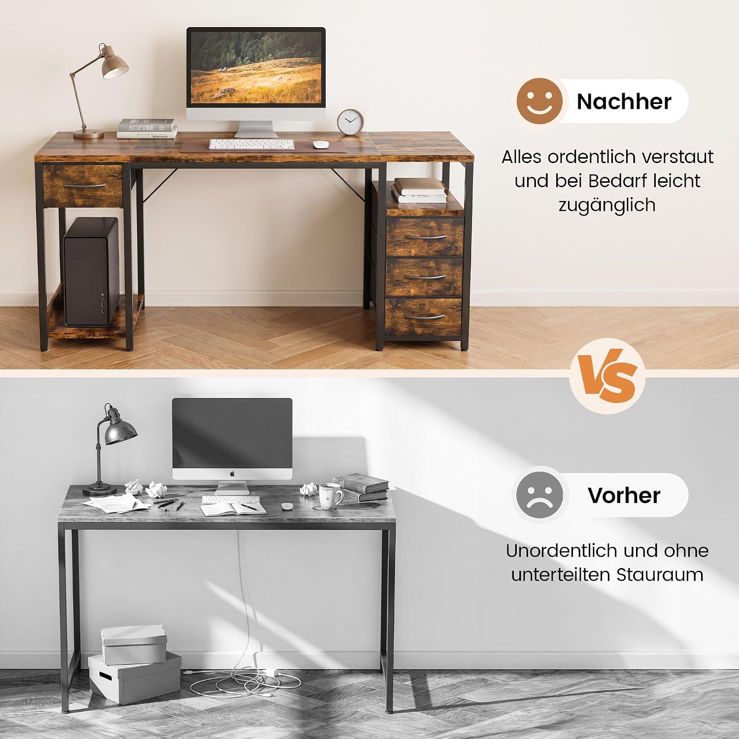 YOUDENOVA Schreibtisch mit 4 Schubladen, Computertisch 140cm CPU-Ständer & offenes Ablagefach, Stabiler Bürotisch PC Tisch Officetisch Für Büro, Wohnzimmer, Home Office Gaming Braun – Bild 5