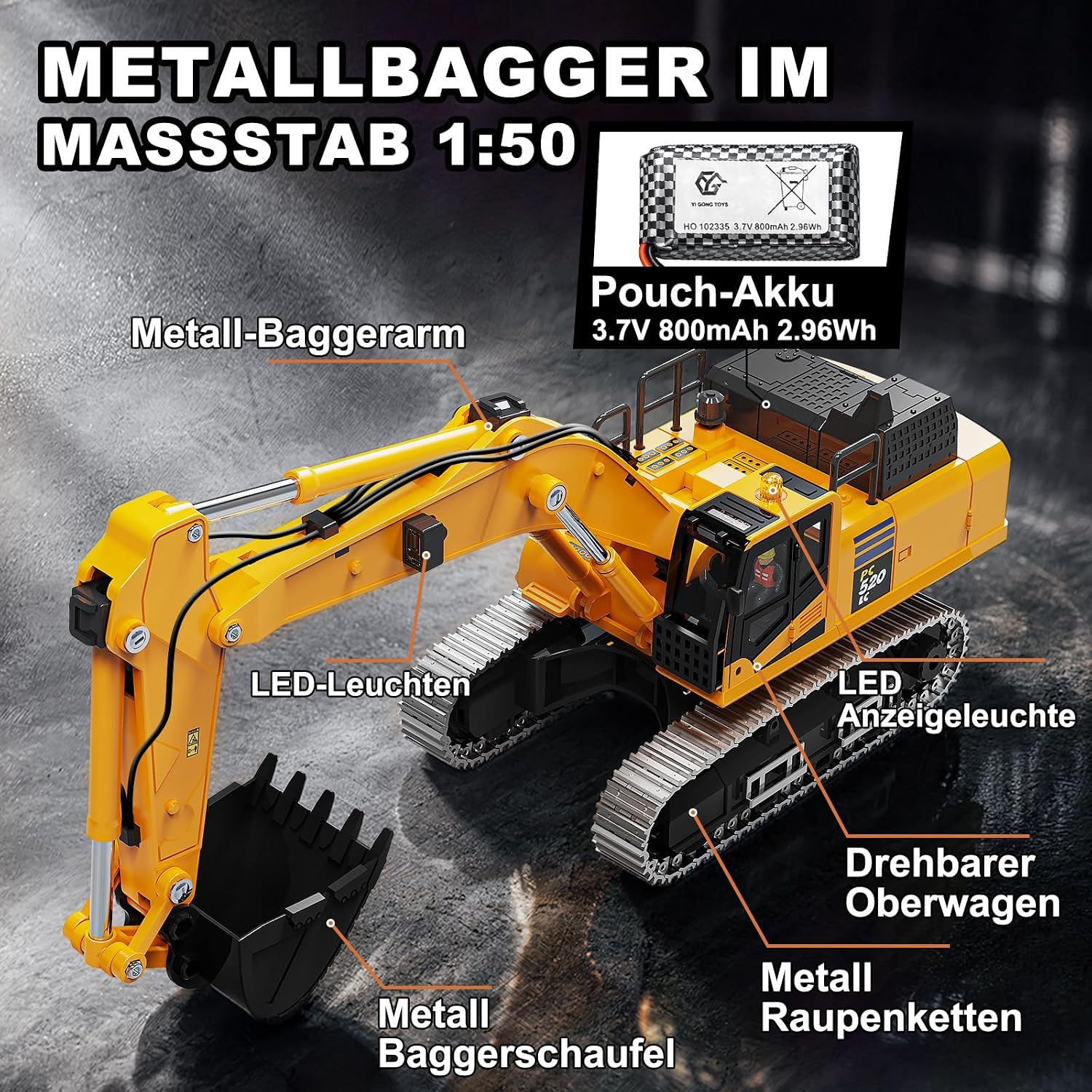 RC Bagger Ferngesteuerter Bagger 1:50 aus Metall,mit Spindelantrieb – Bild 5