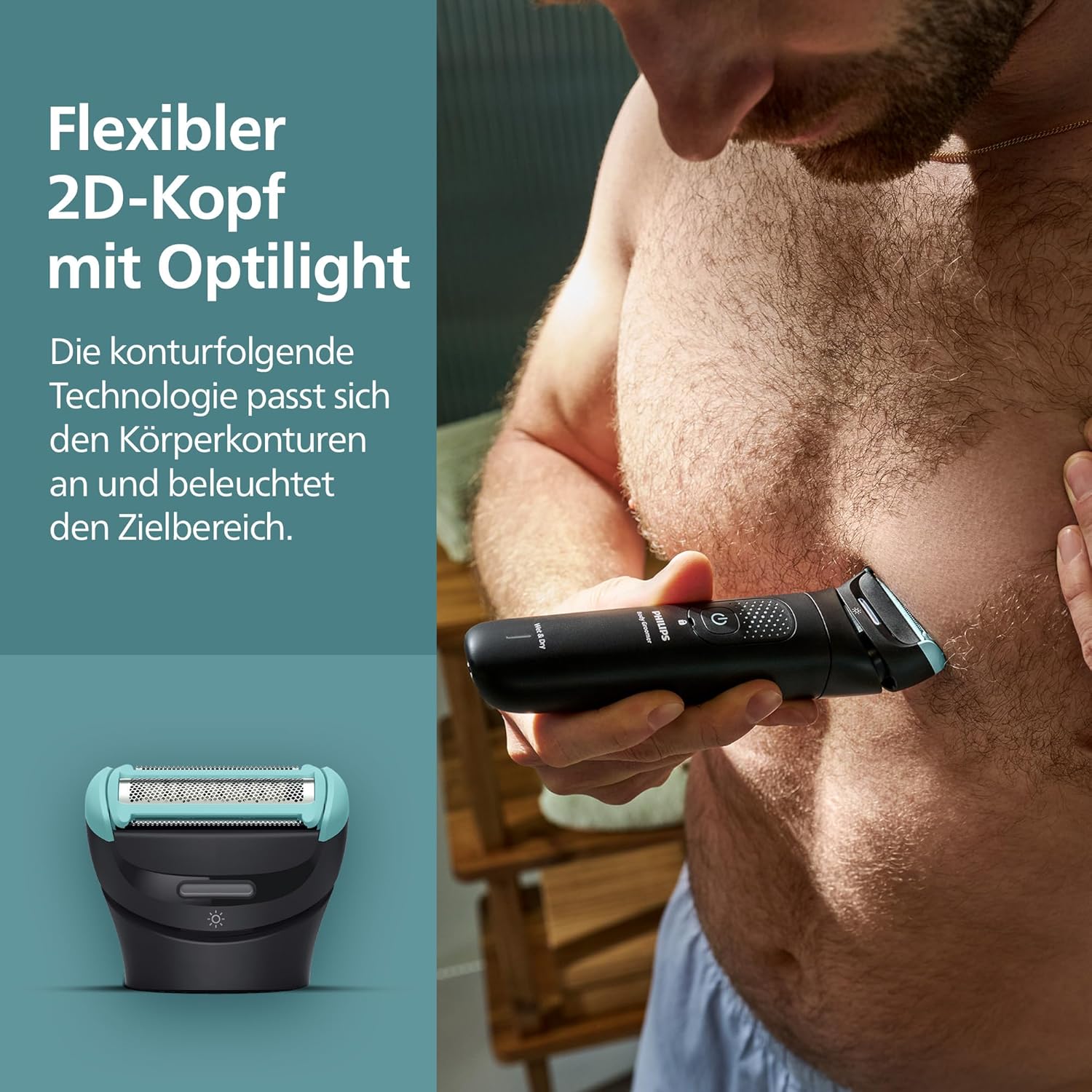 Philips Bodygroom Series 7000 – Trimmer für Männer, flexiblem 2D-Scherkopf Dreifachschutz -austauschbare Scherköpfe, Nutzung im Intimbereich, 100% duschfest, 120 Min. Laufzeit, Modell BG7480/15 – Bild 5