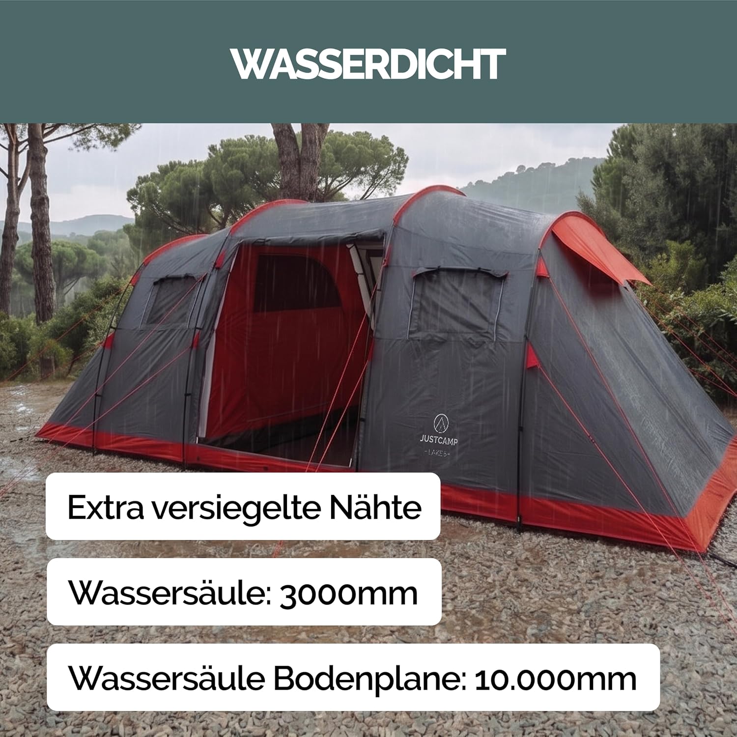 JUSTCAMP Lake XXL Familienzelt für 6 Personen - wasserdichtes Tunnelzelt mit 2 Schlafkabinen, großem Vorraum & Stehhöhe - Campingzelt mit eingenähtem Boden, Moskitonetz und 2 Eingängen – Bild 8