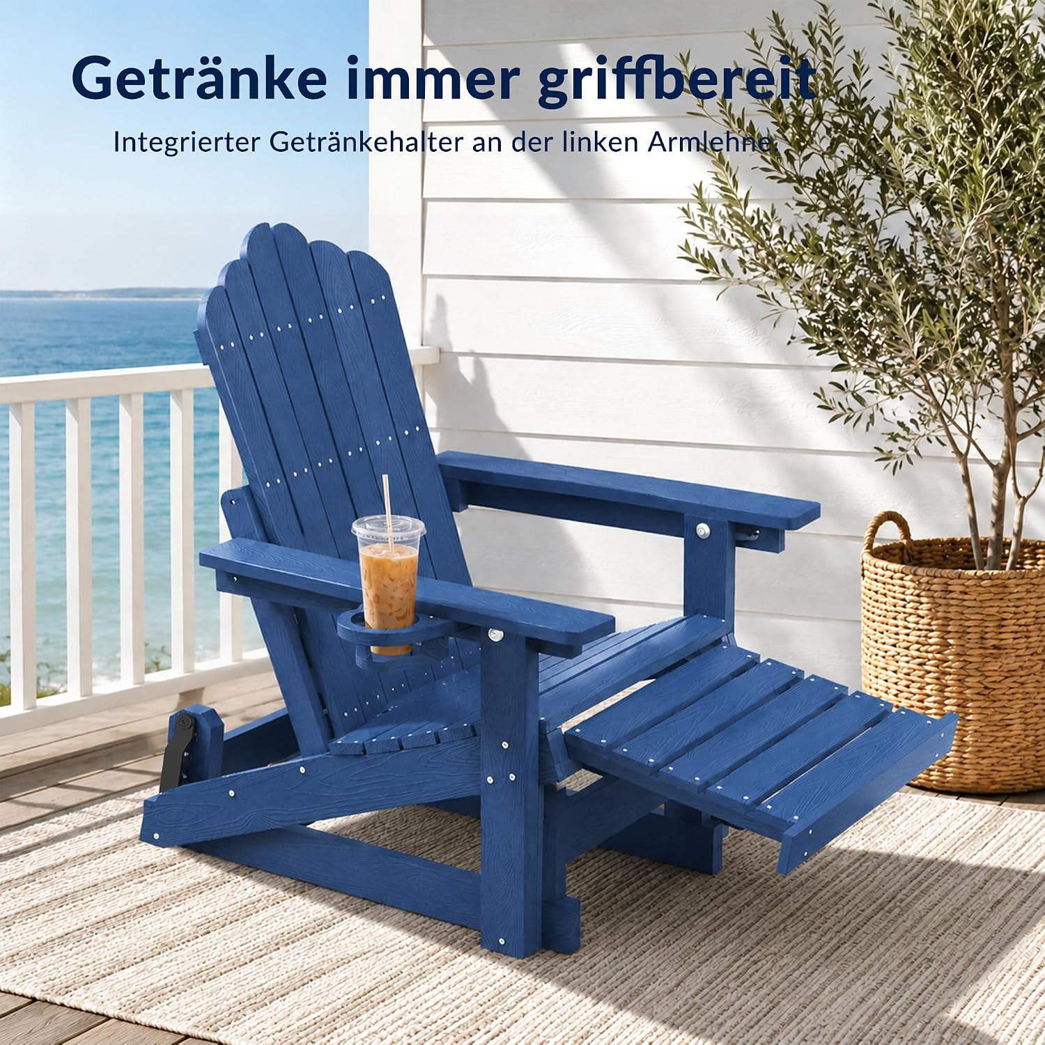 Adirondack Stuhl mit Fußstütze, HDPE Adirondack Chair Gartensessel mit Getränkehalter und Gleitfunktion, verstellbare Rückenlehne, wetterfest und pflegeleicht für Garten, Terrasse und Balkon – Bild 8