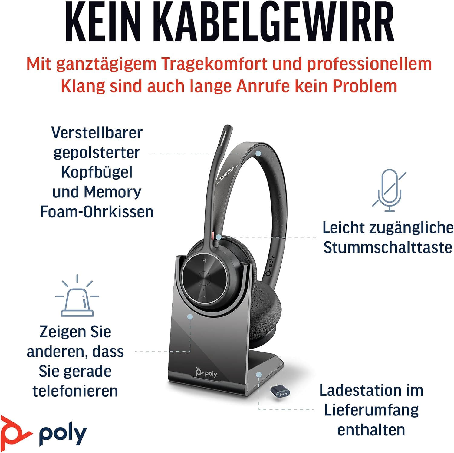 Schnurloses Poly Voyager 4320 UC-Headset und Ladestation – Stereo-Kopfhörer mit Noise Cancelling-Mikrofonarm – Verbindung mit PC/Mac/Mobiltelefon über Bluetooth – Kompatibel mit Teams, Zoom & mehr – Bild 2