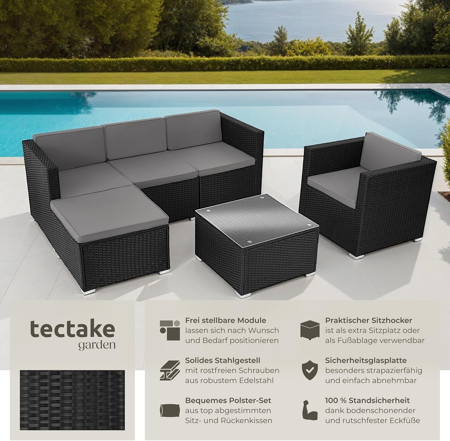 tectake® Poly Rattan Lounge, Outdoor Gartenmöbel Set mit Sofa, Sessel, Hocker und Tisch, variabel kombinierbar, Möbel wetterfest für 4-5 Personen, Balkonmöbel, Gartenlounge, Terrassenmöbel - schwarz – Bild 2