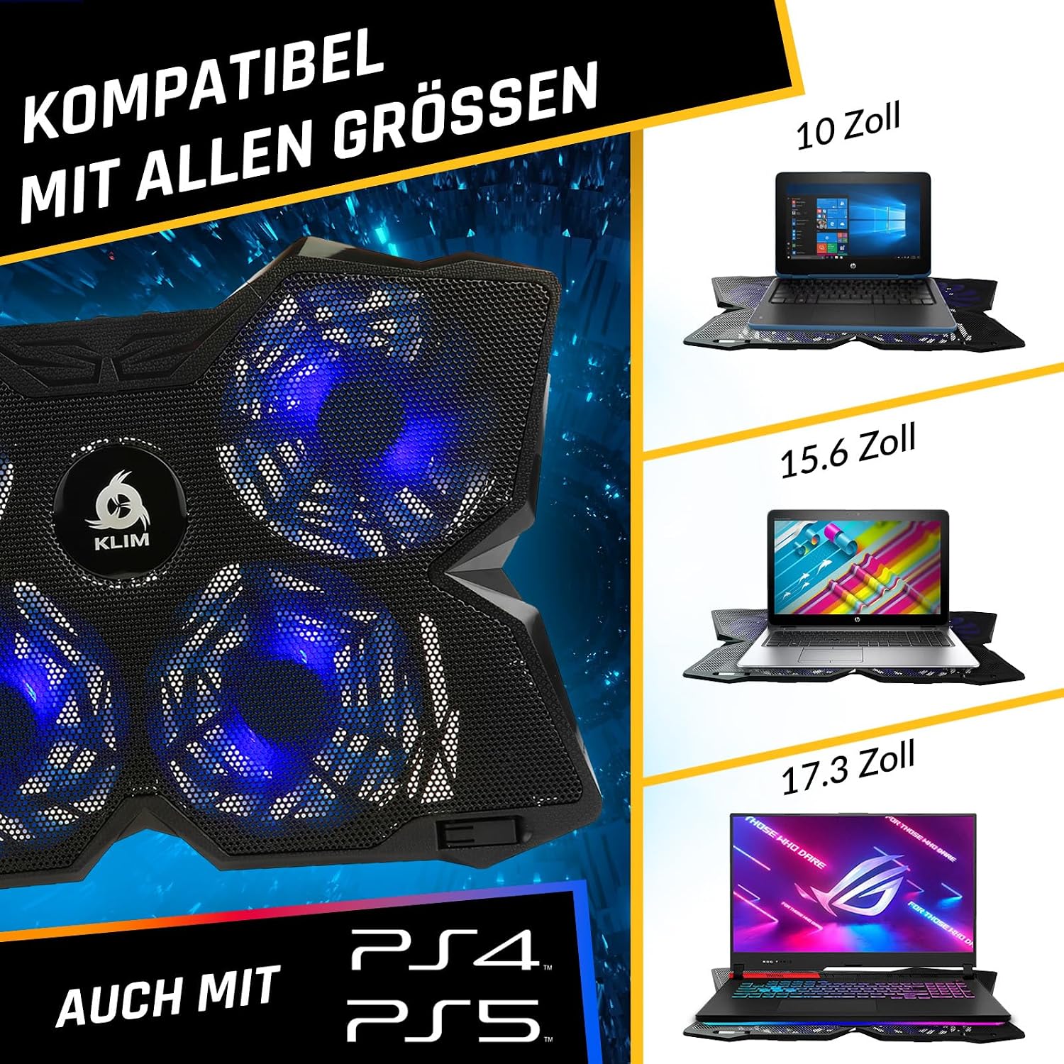 KLIM® Wind Laptop Kühler - Mehr als 500 000 verkaufte Einheiten - NEU - Leistungsstark - Schneller Kühlvorgang - 4 Lüfter PC Notebook PS4 Belüfteter Laptop Ständer - Blau – Bild 8