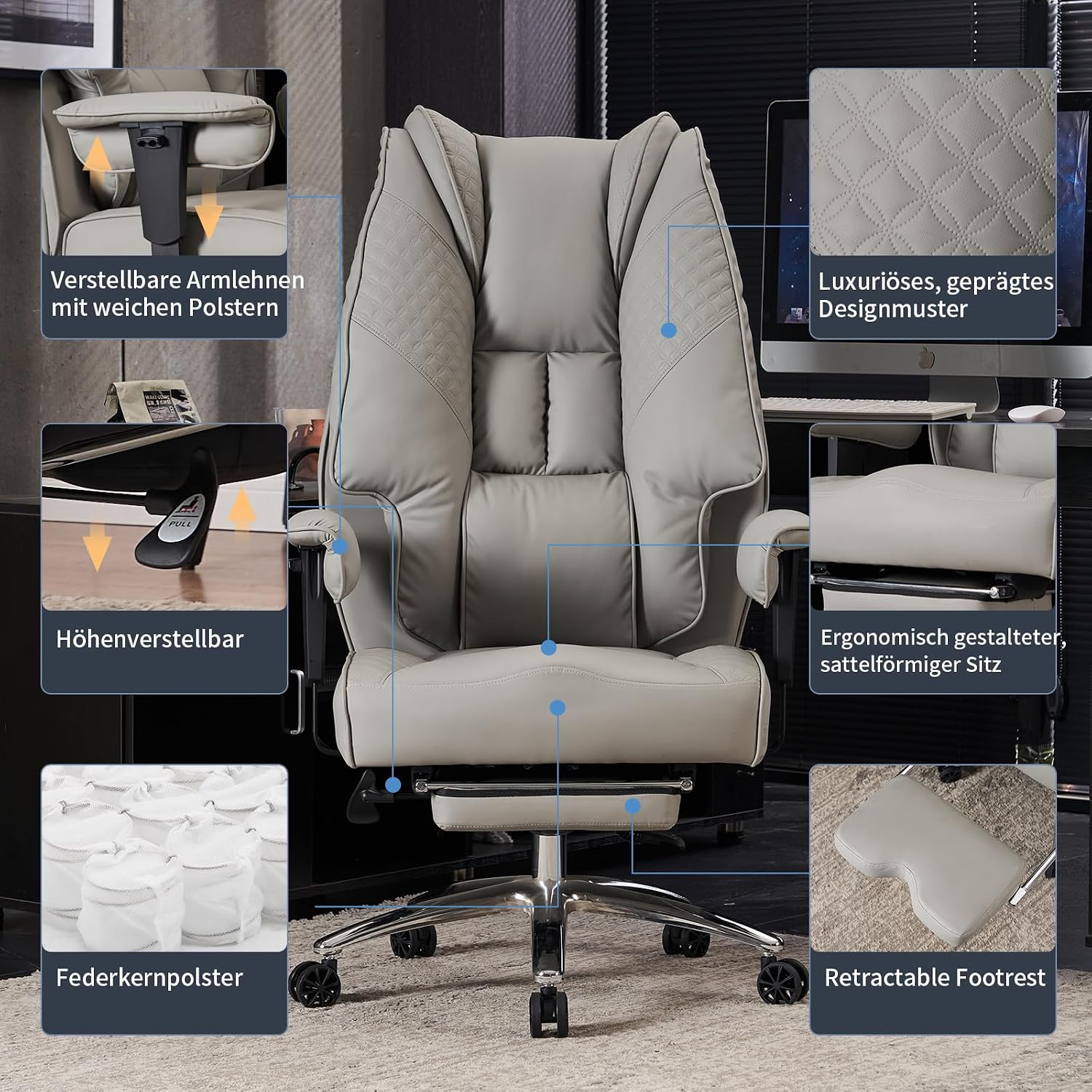 EXCEBET Chefsessel Bürostuhl Ergonomisch 200kg, Schreibtischstuhl mit Fußstütze und 14cm Taschenfederkern, Hochlehner aus Kratzfestem PU Leder, Drehstuhl mit Höhenverstellbaren Armlehnen (Hellgrau) – Bild 9
