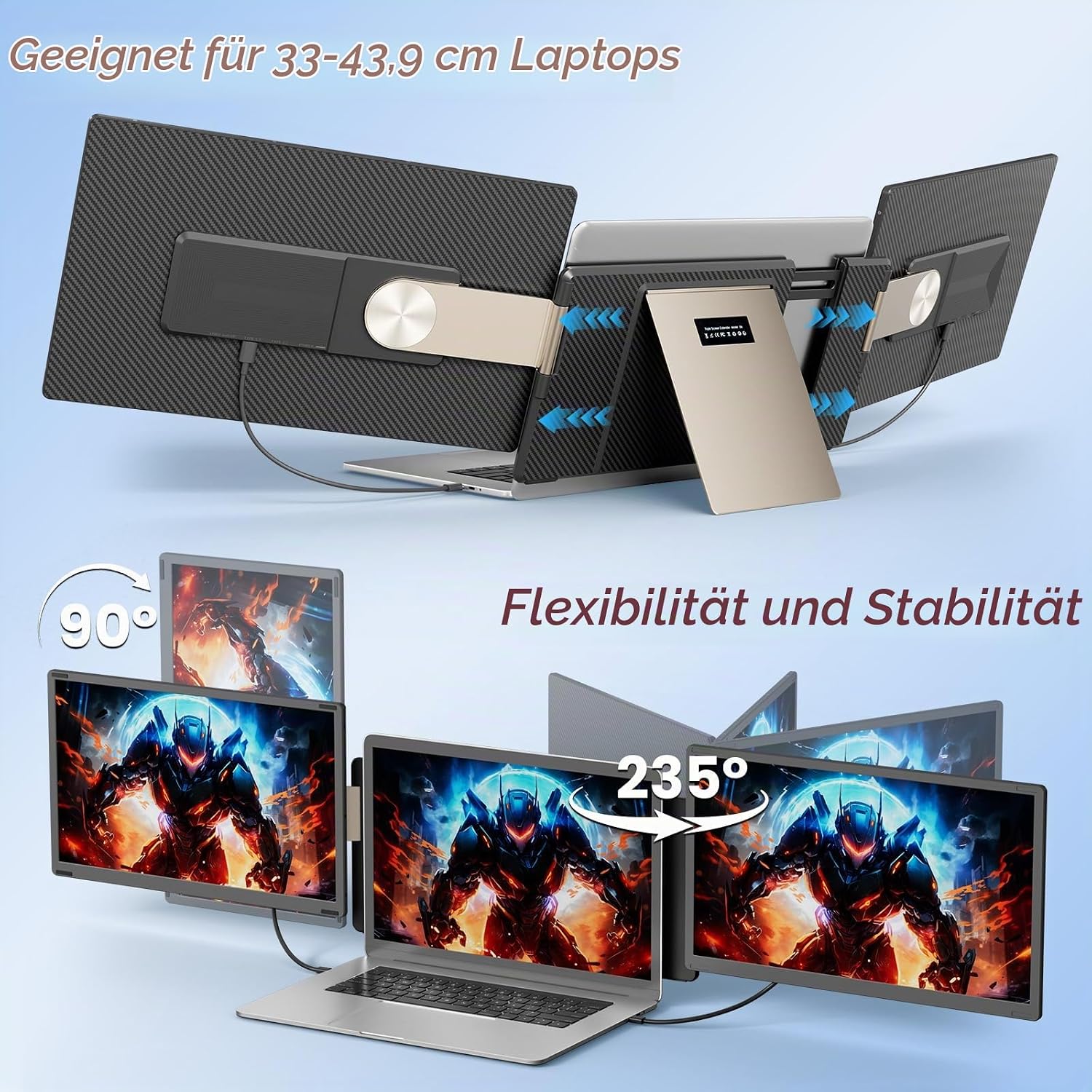 Laptop Bildschirm Erweiterung, 15.6” 1080P FHD Triple Laptop Monitor Erweiterung, Um 235° Drehbarer, Abnehmbarer Dreifach-Bildschirm für 13-17,3” Laptops, Plug & Play kompatibel mit Mac/Windows – Bild 6