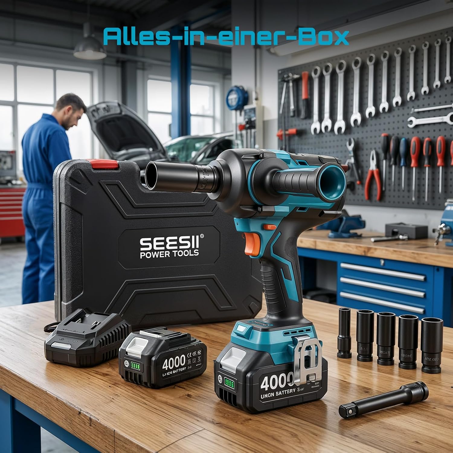 Seesii Akku Schlagschrauber 1600Nm, 1/2" Hochleistungs Drehschlagschrauber mit abnehmbarem Griff, 21V Akkuschlagschrauber & 2×4,0Ah Batterien für Auto, Pickup, Rasenmäher, Industriearbeiten – Bild 9