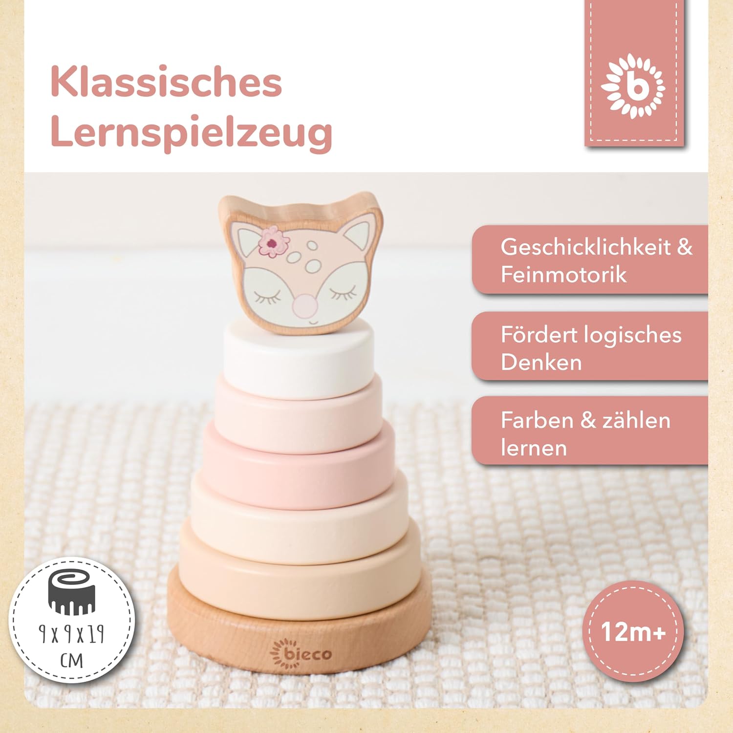 Bieco Stapelturm REH Ella | Holz FSC® | 19 cm | Steckspielzeug ab 1 Jahr – Bild 2