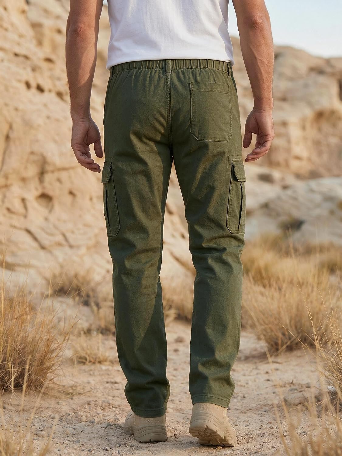 Runcati Herren Hose Regular Fit Cargohose Männer Einfarbig Casual Freizeithose Baumwolle Elastische Taille Jogginghose Outdoor Sporthose mit Taschen – Bild 6