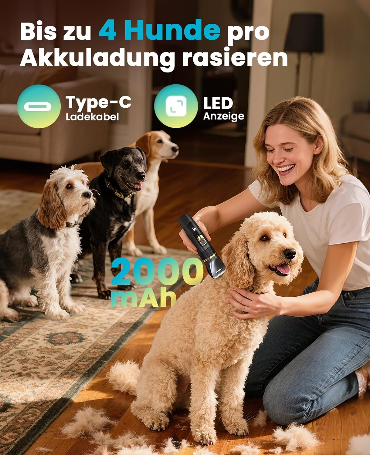 oneisall Leise Hundeschermaschine Upgrade Pro, Profi Schermaschine Hund Katze 2000mAh Wiederaufladbar, IPX7 Wasserdichtes Tierhaarschneidemaschine für die Fellpflege zu Hause – Bild 5