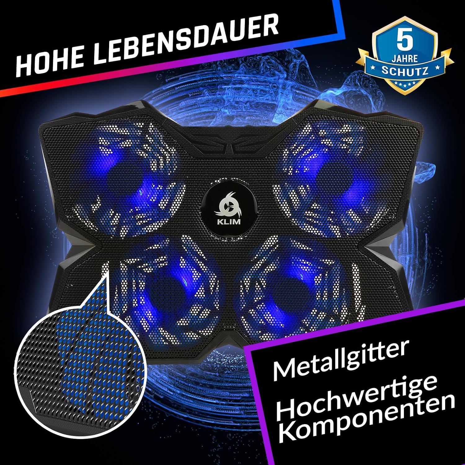 KLIM® Wind Laptop Kühler - Mehr als 500 000 verkaufte Einheiten - NEU - Leistungsstark - Schneller Kühlvorgang - 4 Lüfter PC Notebook PS4 Belüfteter Laptop Ständer - Blau – Bild 4