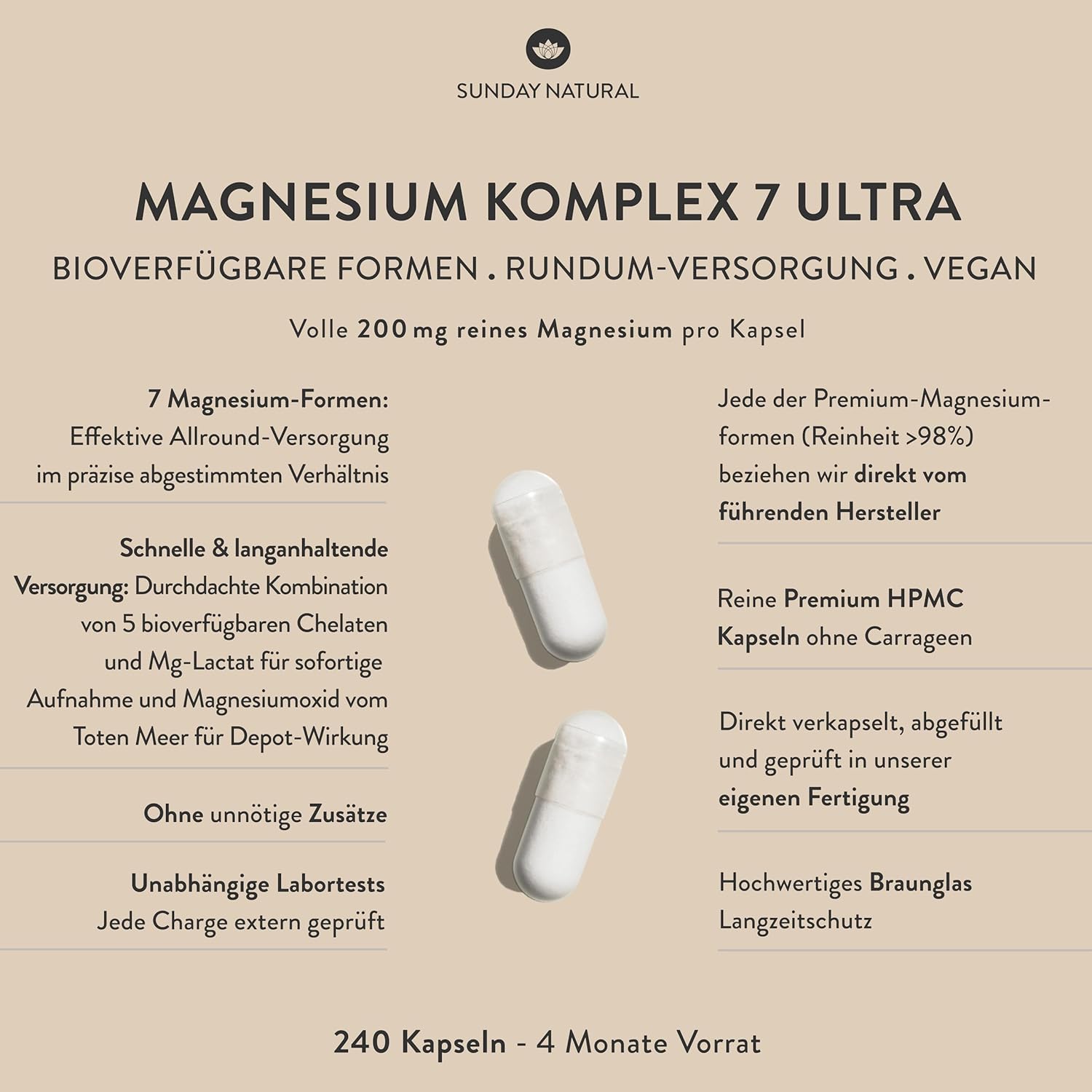 SUNDAY NATURAL® Magnesium Komplex – 240 Kapseln - 400mg pro Tag - aus 7 Verbindungen: Magnesium Bisglycinat, Citrat, Malat, Laktat, Ascorbat, Oxid, Lysinat - Vegan, laborgeprüft – Bild 2