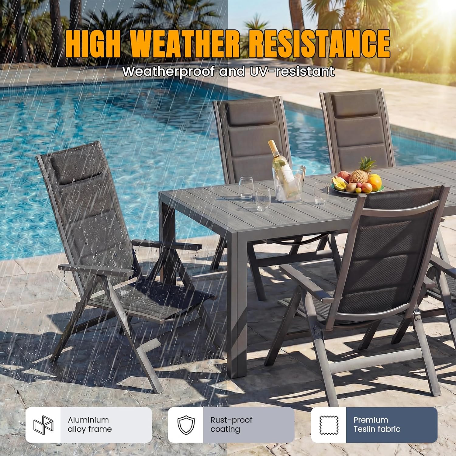 Devoko Gartenmöbel Set 6 stühle mit Tisch, Bestehend aus 1 Aluminiumtisch und 6 Klappstühlen für balkonmöbel. 1 x 150 cm Gartentisch mit Holzmaserung, Terrassenmöbel-Set, Dunkelgrau. – Bild 6