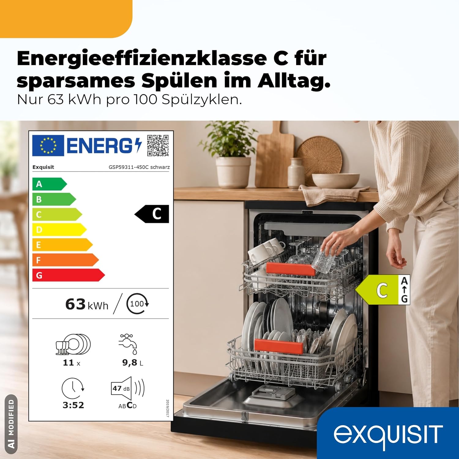 Exquisit Geschirrspüler 11 Maßgedecke | Energieklasse C | 7 Programme | Eco, Intensiv & Glas | Aquastop | Besteckschublade | Extra-Trocknung | Startzeitvorwahl 24 h | Unterbaufähig | Schwarz – Bild 2