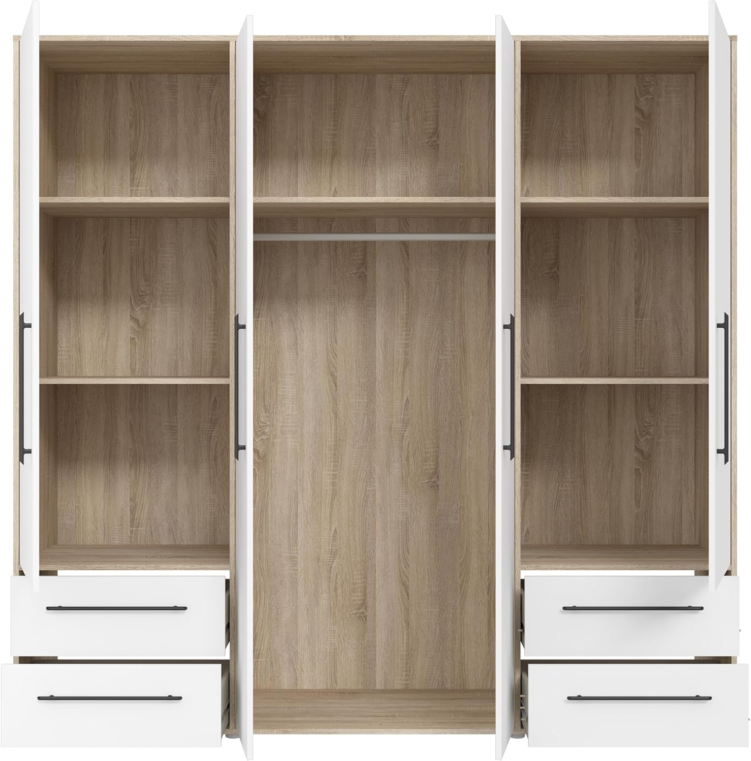 FORTE Jupiter Schrank 200 210, Kleiderschrank, Drehtürenschrank, 4-türig, mit 4 Schubladen und Einlegeböden, Weiß mit Holz Dekor: Sonoma Eiche, 206 cm breit x 59 cm tief x 200 cm hoch – Bild 5