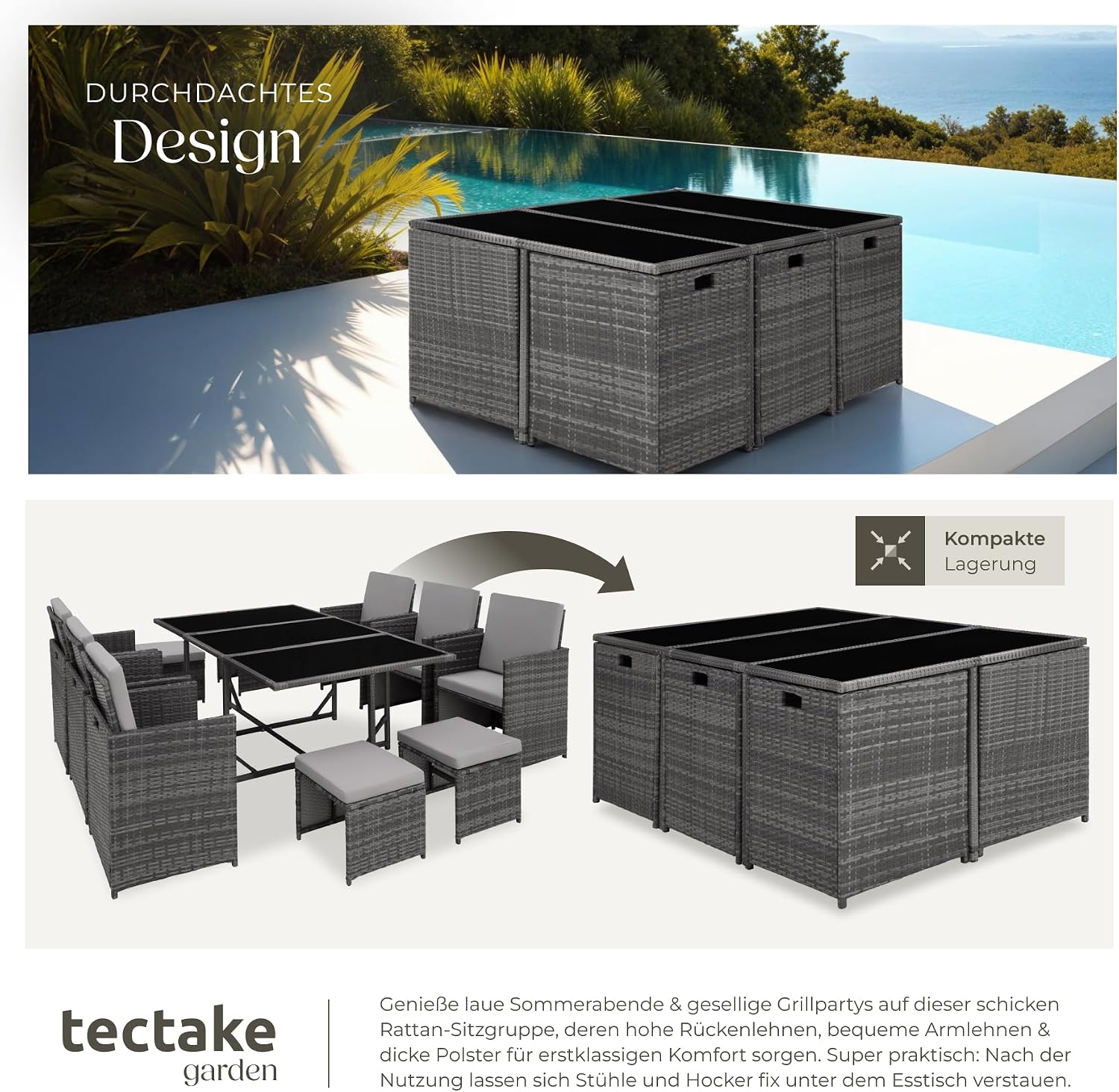 tectake® Outdoor Balkon Gartenmöbel Set, Lounge mit 6 Stühlen, 4 Hocker und 1 Tisch, Poly Rattan Geflecht, wetterfest, platzsparend - grau – Bild 5