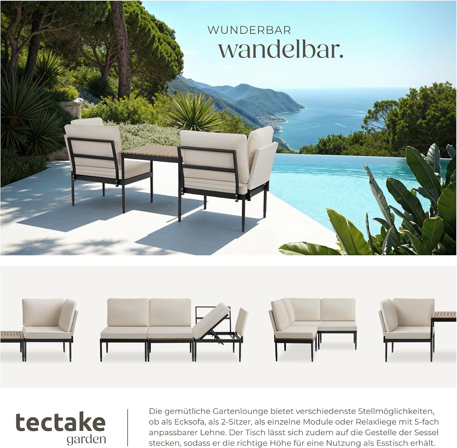 tectake® Aluminium 5in1 Gartenlounge Set, Gartenmöbel mit Outdoor Kissen wetterfest, Lounge Sessel, Liege/Gartenbank, Balkontisch, Balkonmöbel kleiner Balkon, Lounge Möbel Outdoor, Terrasse, Holzoptik – Bild 4