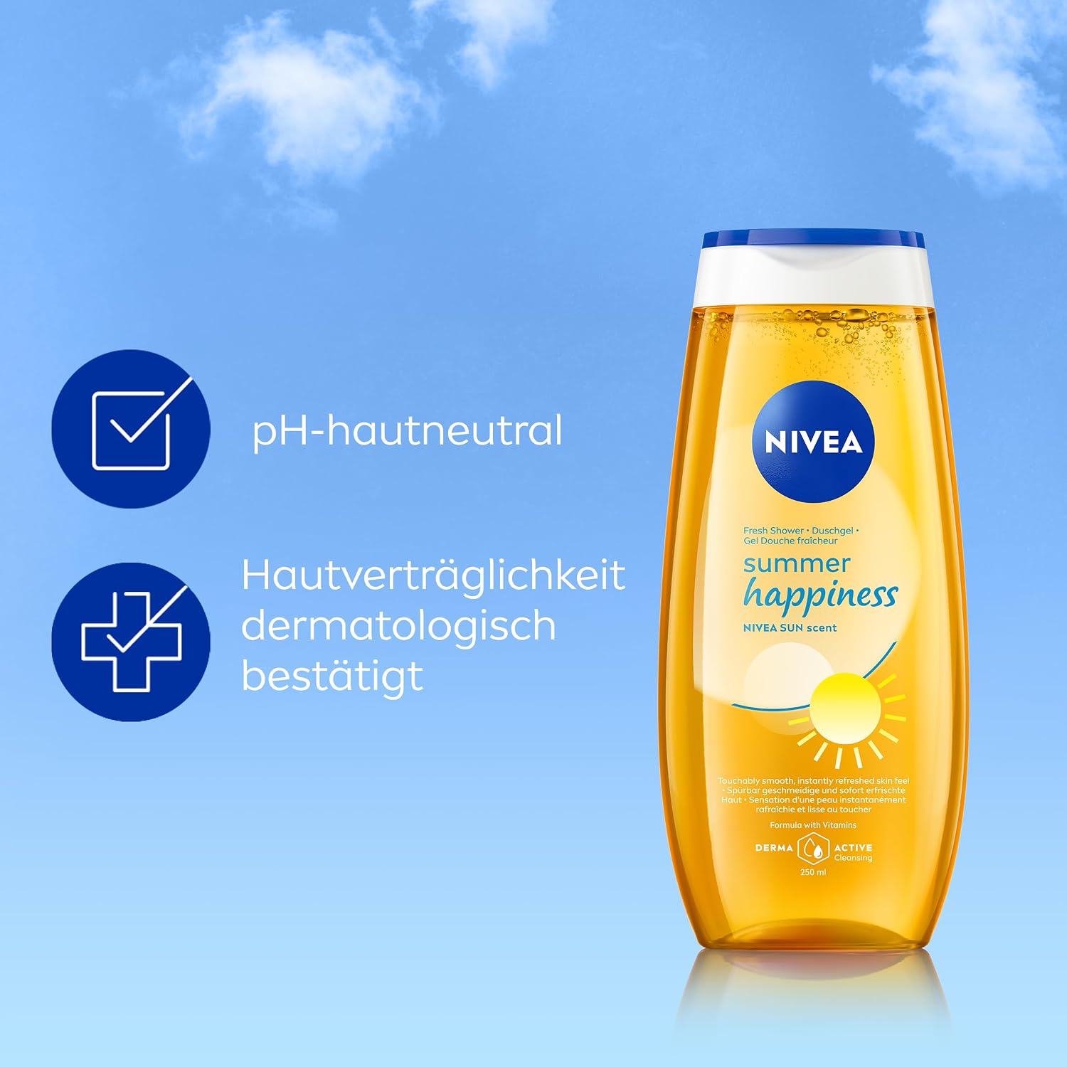NIVEA Summer Happiness Duschgel, pH-hautneutrale Pflegedusche mit Vitamin C & E, feuchtigkeitsspendendes Duschbad mit dem klassischen NIVEA Sonnencreme Duft (250 ml) – Bild 6
