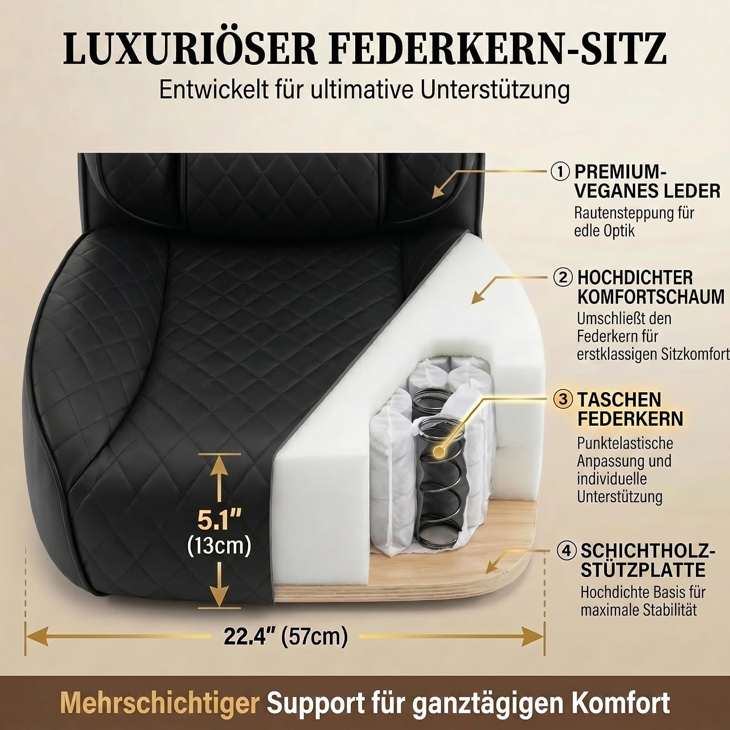 EXCEBET XXL Chefsessel bis 180kg Belastbar, Ergonomischer Bürostuhl mit Taschenfederkern, Breiter Drehstuhl für Schneidersitz, Dick Gepolstert, Hochlehner Managerstuhl mit Lendenwirbelstütze (Schwarz) – Bild 5