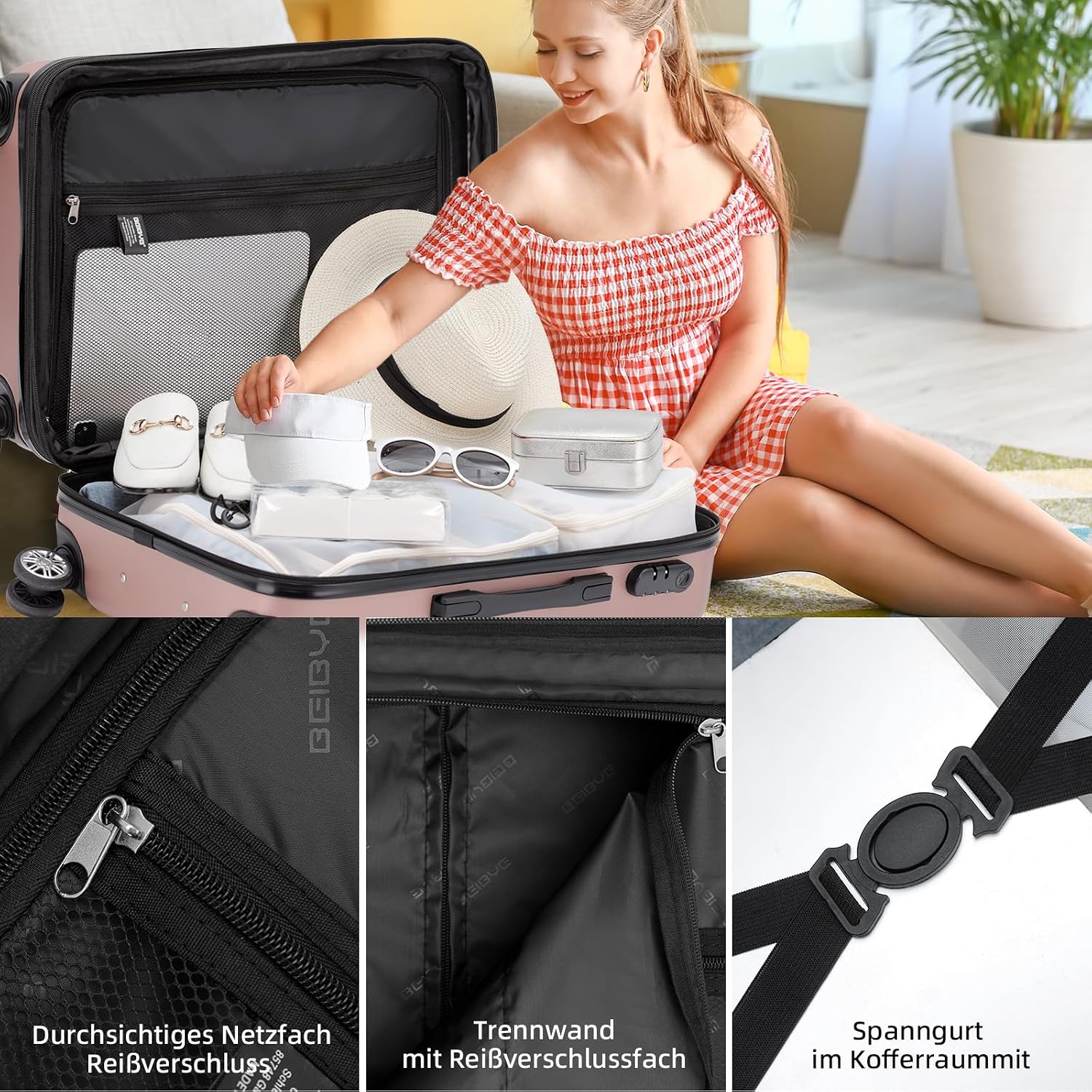 BEIBYE Zwillingsrollen 2066 Hartschale Trolley Koffer Reisekoffer Gepäck M-L-XL-Set (Rosa Gold, M) – Bild 4