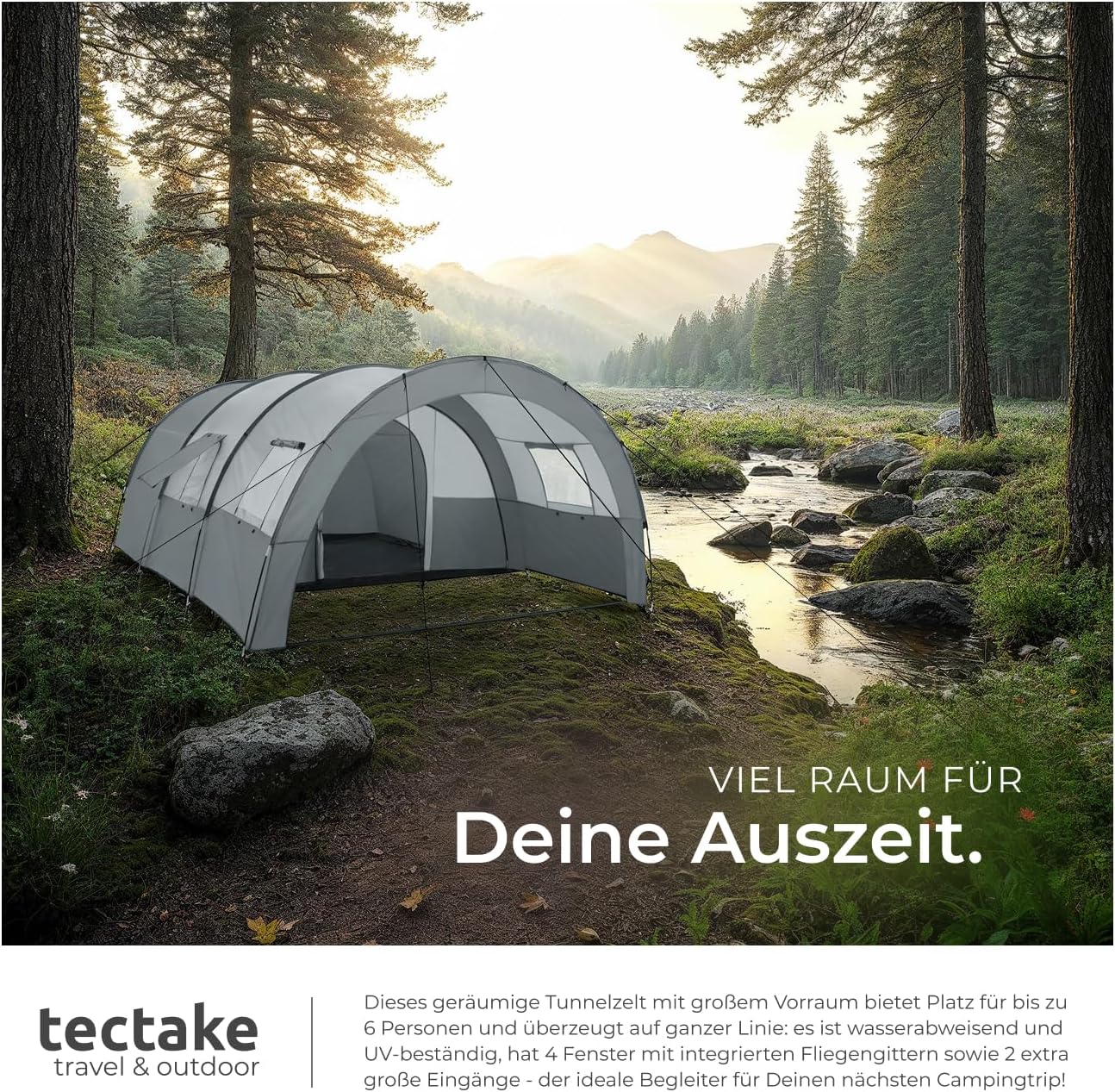 tectake® Tunnelzelt, 6 Personen, Familienzelt, Zelt groß mit Vorzelt und Bodenplane, UV-Schutz, Camping Zelt inkl. Tragetasche, 350 x 480 x 195 cm - dunkelgrau/hellgrau – Bild 5