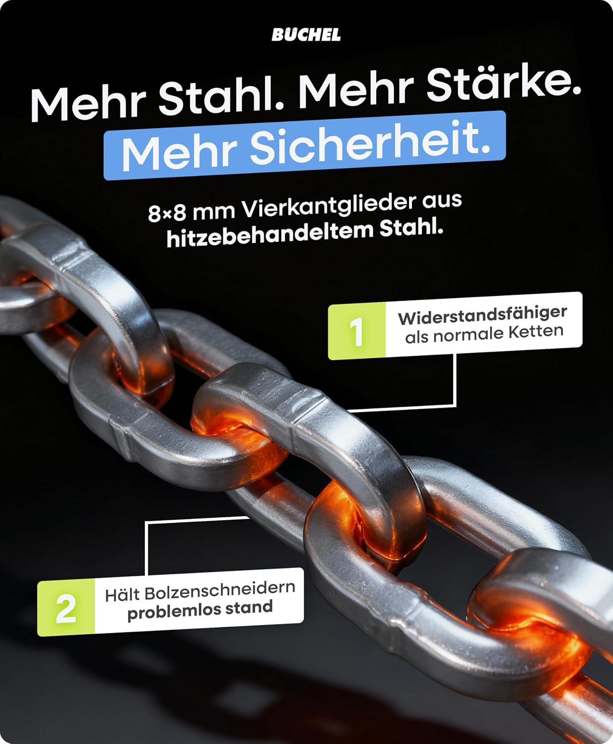 BÜCHEL Sekura Fahrradschloss Hohe Sicherheit - 90 cm Bike Lock mit Disc Detainer Lock aus 8 mm gehärtetem Stahl - Kettenschloss E-Bike, Fahrräder, Roller & Co für Stadt Schule Arbeit Freizeit (110 cm) – Bild 4