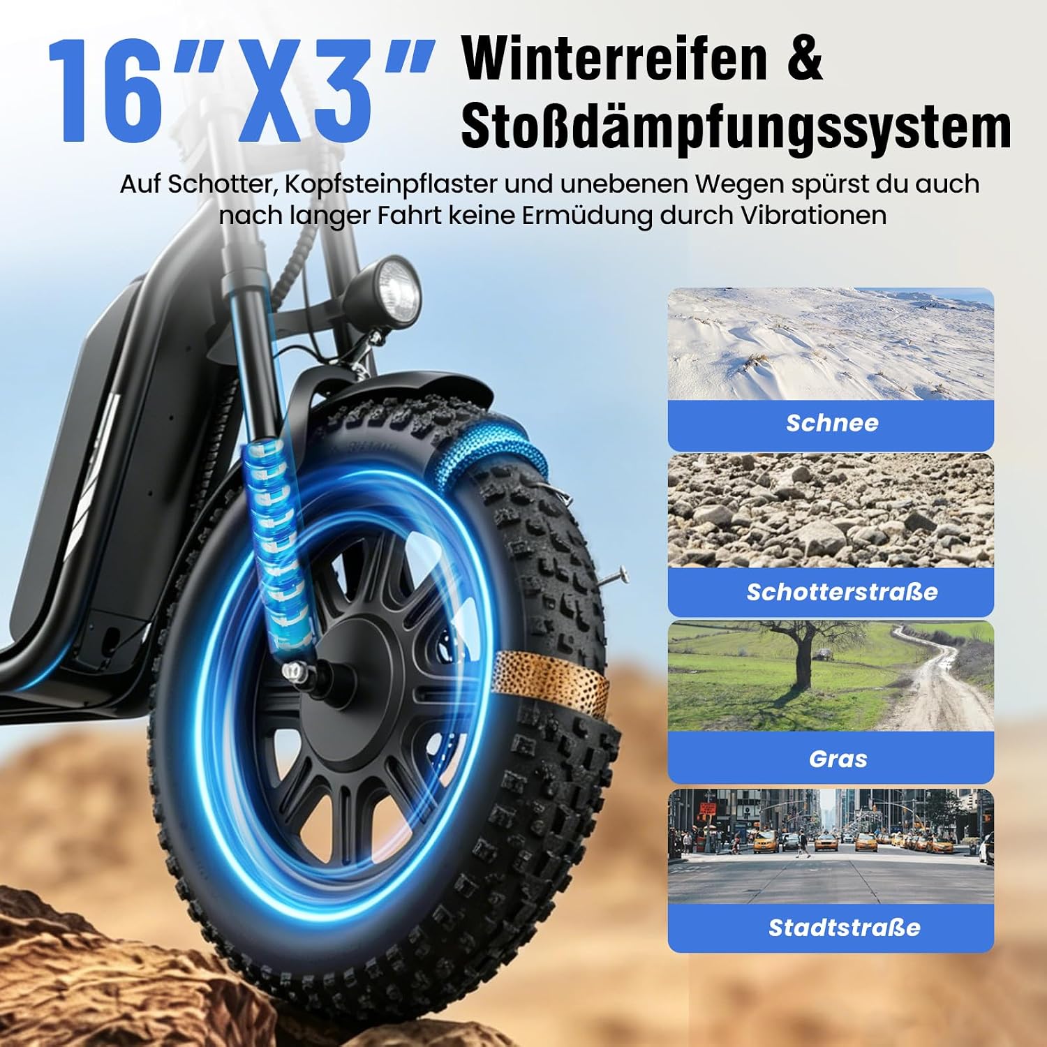 iScooter E Scooter mit Straßenzulassung für Erwachsene mit 16*3 Zoll Fat Winterreifen, 70-80km Reichweite ABE Faltbarer Elektroroller, Herausnehmbarer Akku, Korb, Stoßdämpfung, 150 kg Tragkraft, App – Bild 6