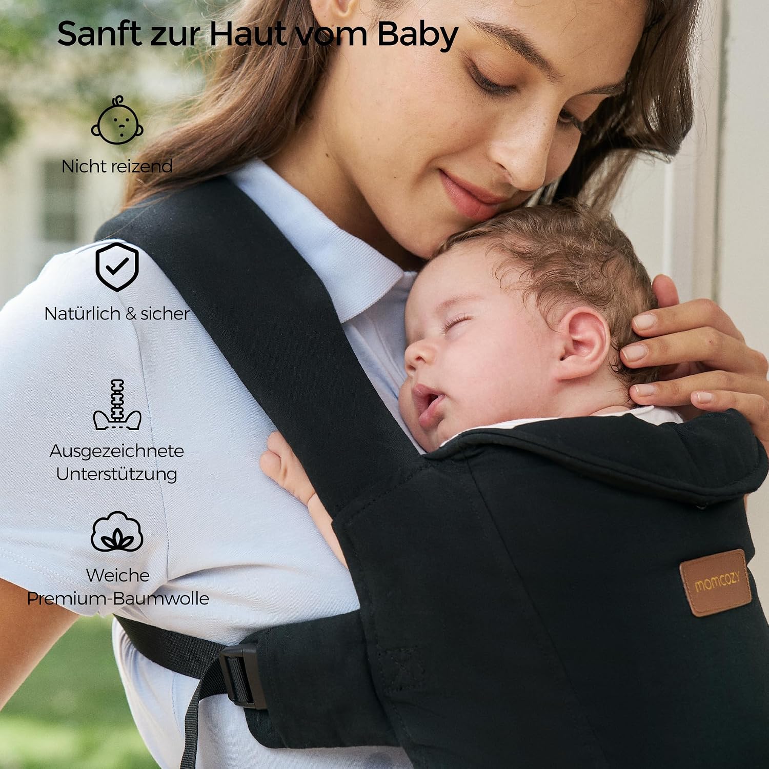 Momcozy Babytrage Neugeborene ab Geburt | Ergonomische Tragehilfe mit Nackenstütze | Leicht & sicher (3-11 kg),Schwarz – Bild 5