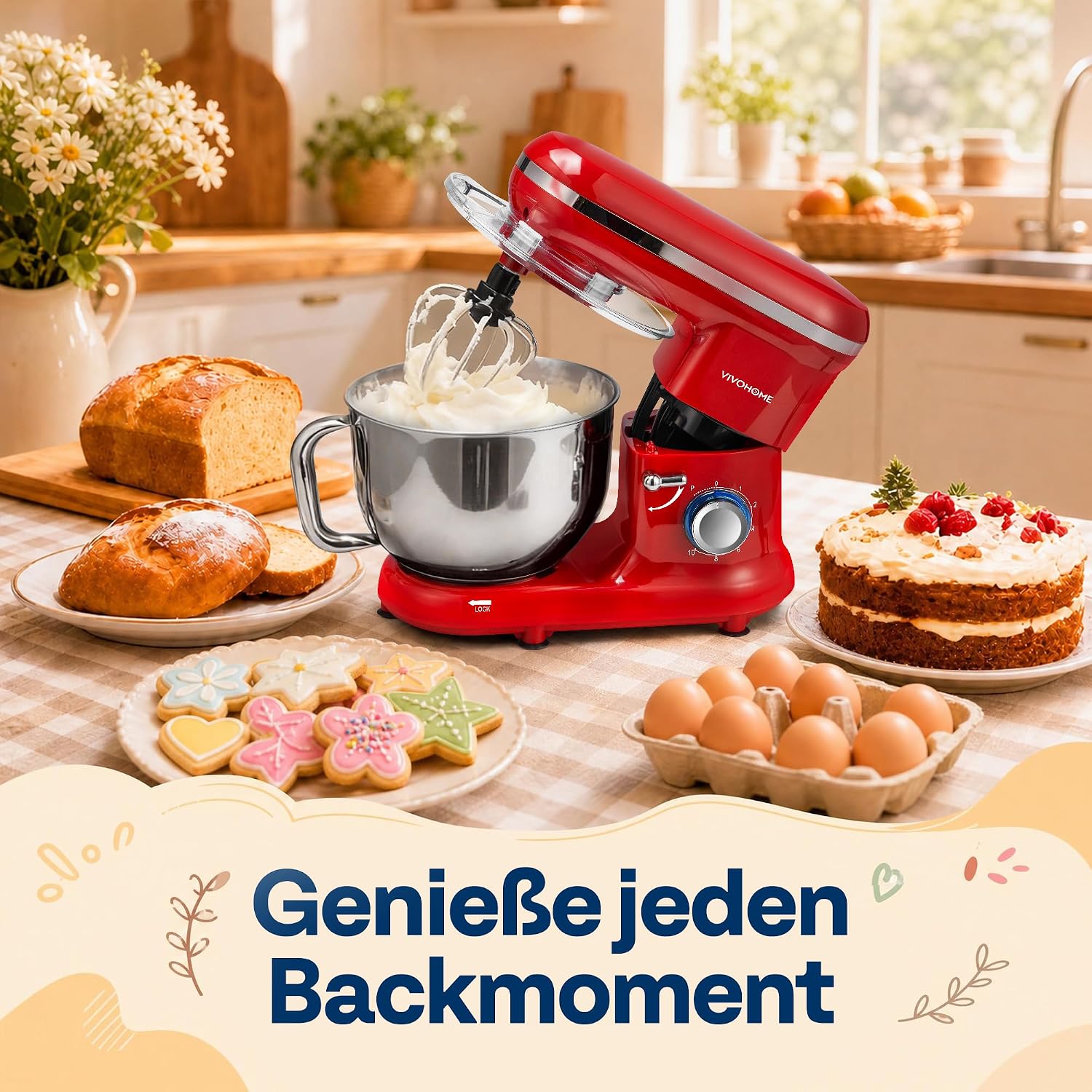 VIVOHOME 1500W Küchenmaschine 5,7L mit Edelstahlrührschüssel – Bild 6