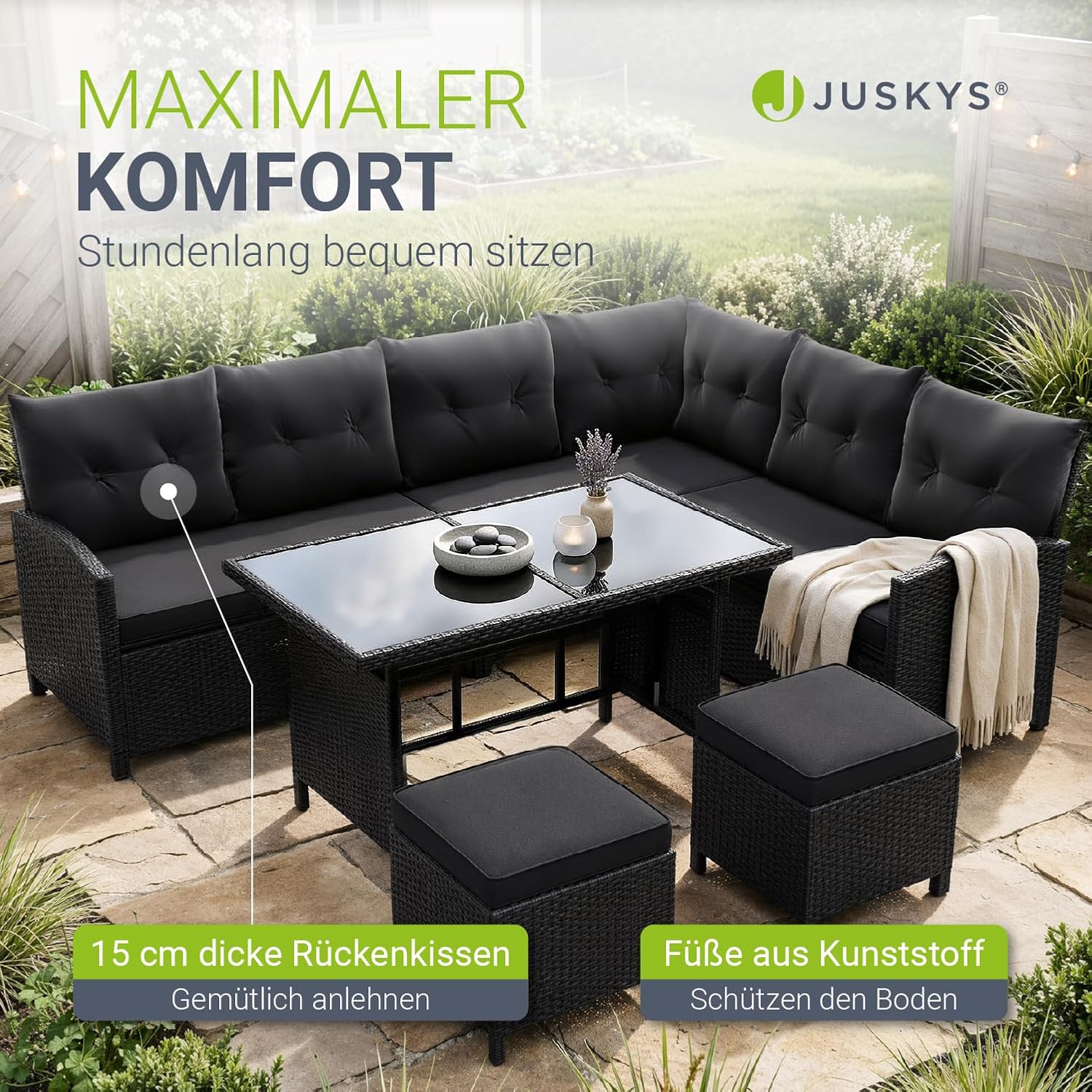 Juskys Polyrattan Lounge Manacor mit Ecksofa, Esstisch, 2 Hocker & Kissen - wetterfest bis 7 Personen - Bezüge waschbar - Rattan Garten Sitzgruppe Gartenlounge Gartenmöbel Set - Schwarz/Grau – Bild 5