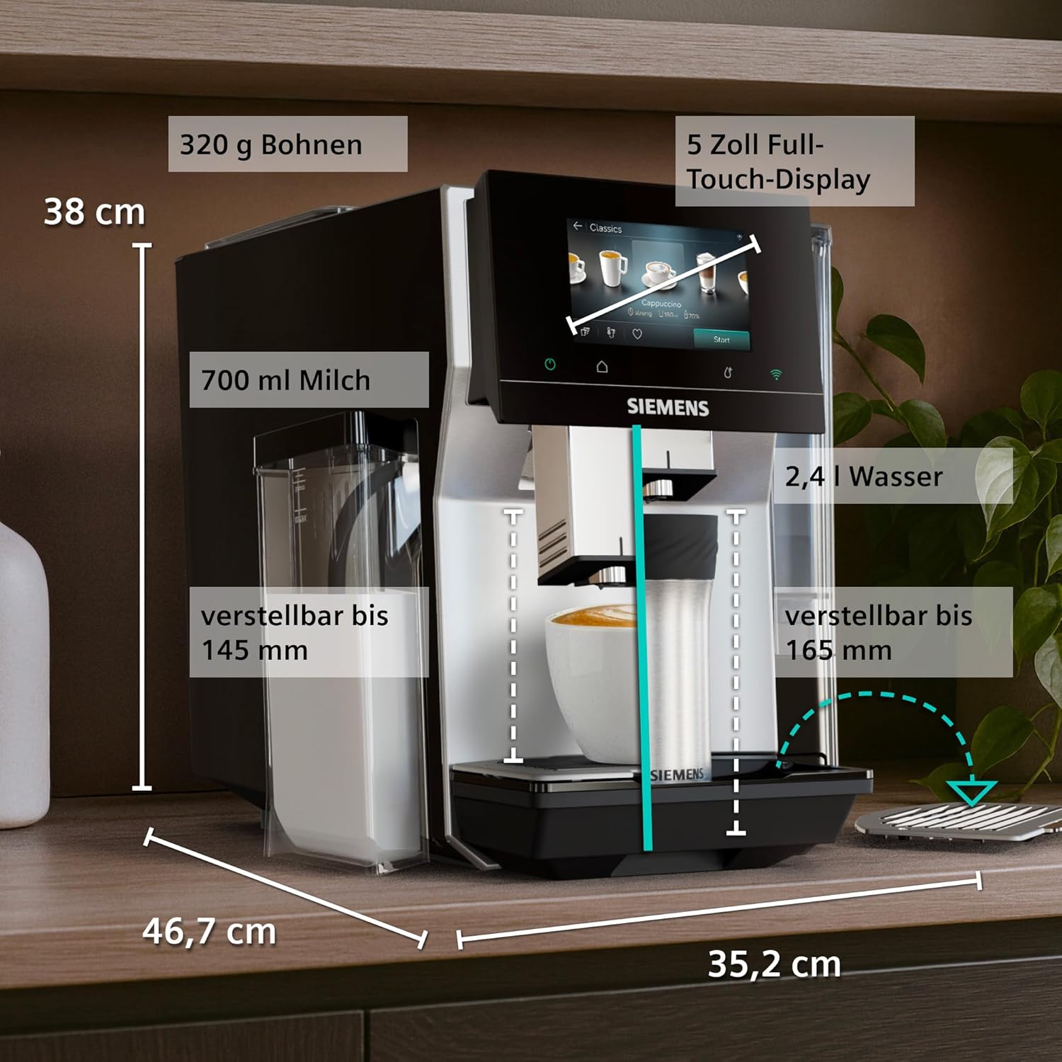 Siemens Kaffeevollautomat EQ700 iAroma, Full-Touch-Display, integrierter Milchbehälter, Tassenwärmer, Cold Brew und Slow Brew, Home Appliances App, Edelstahl schwarz, TQ727D03 – Bild 10