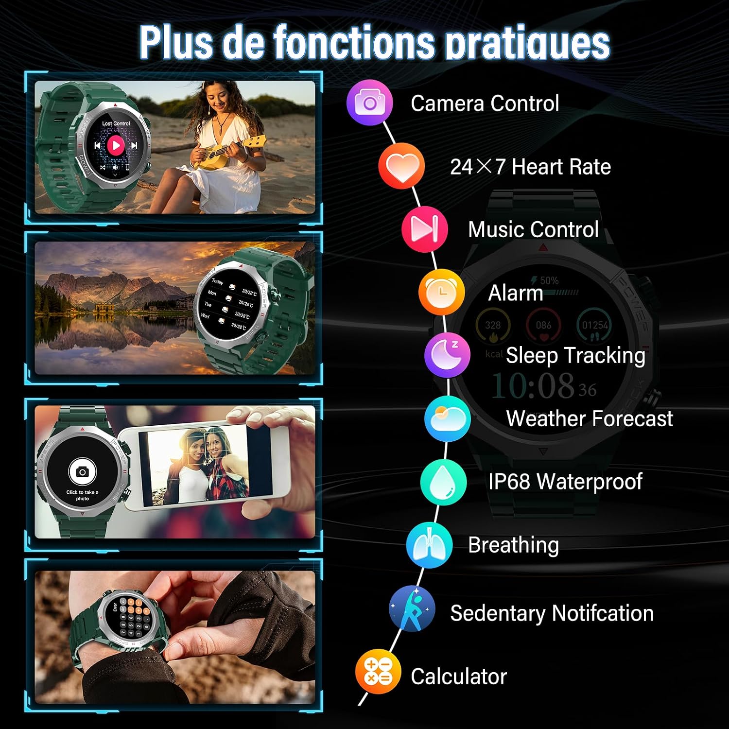 Soudorv Smart Uhren für Männer (Antwort/Anruf), 1,39" HD Militär Smartwatch, Ultra-Lange Batterie Fitness-Uhr, 110+Sport/Herzfrequenz/Schlafmonitor/IP68 wasserdicht Android iOS Grün – Bild 4