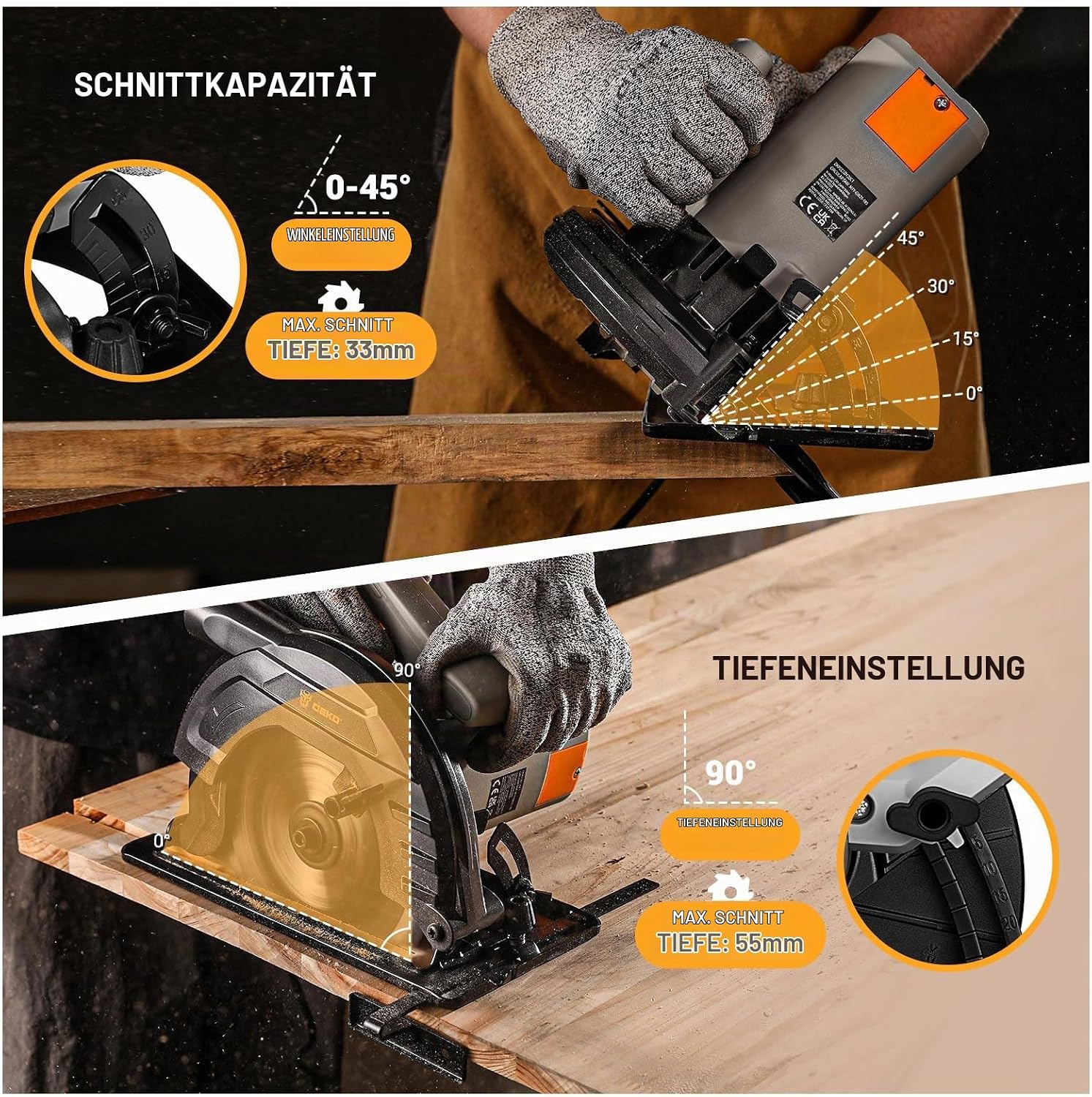 DEKOPRO Handkreissäge 1200W mit Kabel, Kreissäge mit Ø165mm Sägeblatt (24 Zähne), 4.800 U/min, Schnitttiefe bis 55mm (90°) und 33mm (45°), inkl. Parallelanschlag, für Holz – Bild 2